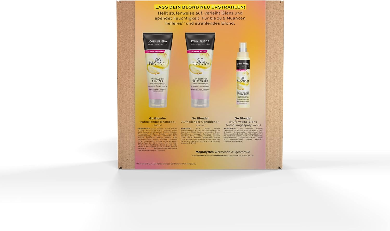 John Frieda Go Blonder Value Set for Blonde Hair - Shampoo, Conditioner, Whitening Spray & Free Megrhythm Eye Mask - Gradually Brightens - Also for Colour-Treated Hair image number 1