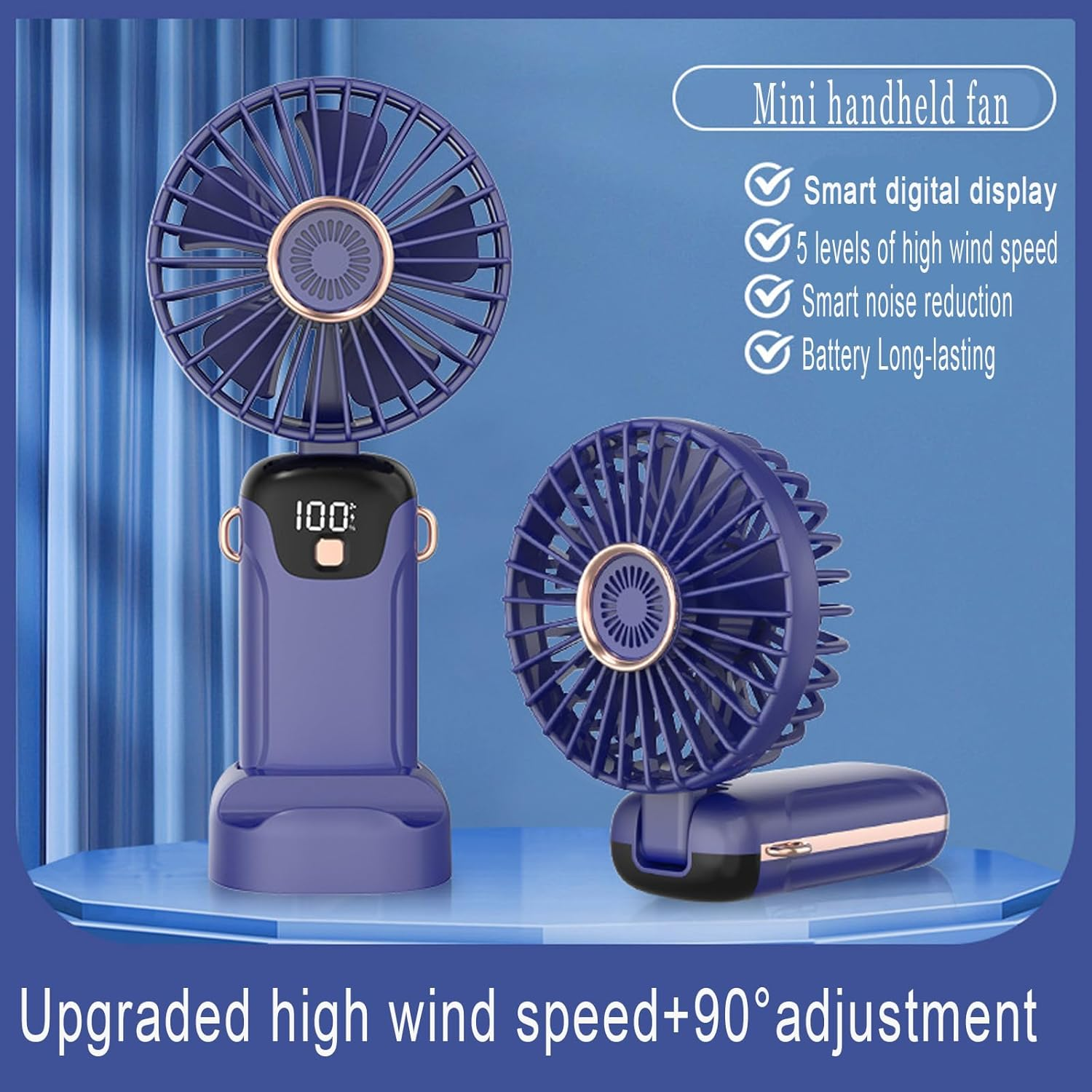 Handheld Fan, Portable Fan, USB Rechargeable Personal Fan, 90&deg; Foldable Mini Desk Fan, 5 Wind Speeds, LED Digital Display, Lanyard Can Be Used as Neck Fan Suitable for Office/Travel/Outdoor Use （Bule） image number 3