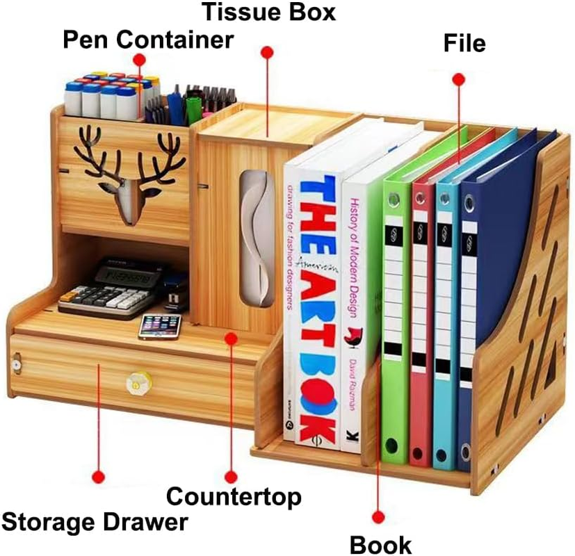 Hbluefat Desktop Organizer with Drawer, Wooden Desk File Document Organizer with Pen Holder and Tissue Box, Tabletop Stationery Storage Rack for Desk Accessories, File, Book, Office Supplies (Maple) image number 4