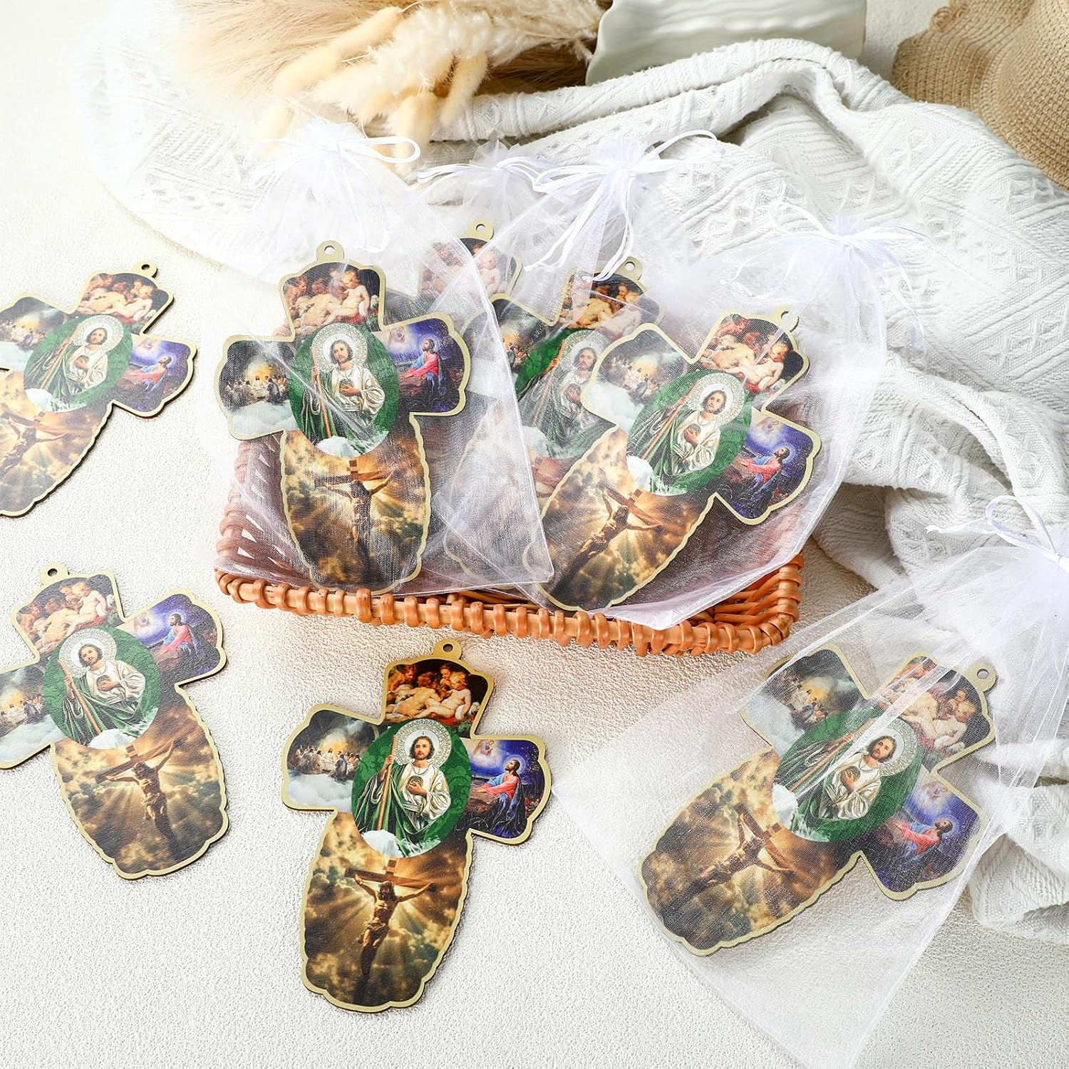 Landical 24 Pcs San Judas Tadeo Wood Wall Cross with Organza Gift Bags Novena Green Saint Jude Statues Catholic Religious Gifts for First Communion Baptism Favors Para Recuerdos De Bautizo Para Ni&ntilde;o image number 1