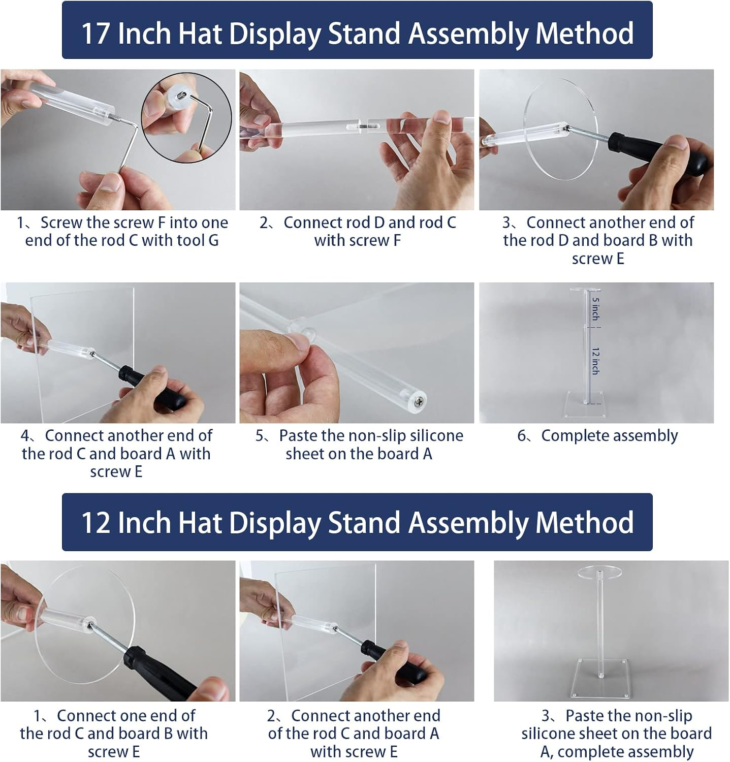 Acrylic Hat Stand and Wig Display Rack, 2Pcs 17" Clear Hat Stands for Display, Adjustable Height Hat Holder, Square Barbell Base Display, Hat Rack Stand for Display Jewelry Watch Helmets