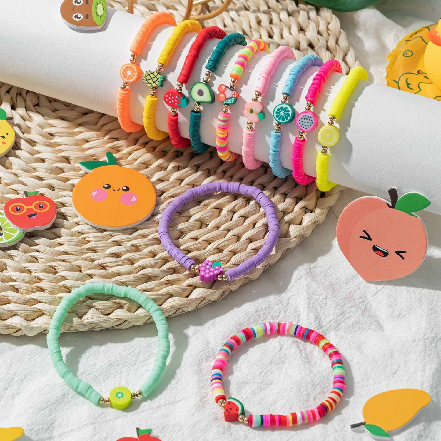 JAPBOR 12Pcs Fruit Clay Bracelets, Colorful Surfer Disc Beaded Stretch Rope Bracelet for Girls Kids, Friendship Elastic Boho Women Child Play Jewelry Charms for Summer Beach Birthday Vacation Favor, image number 4