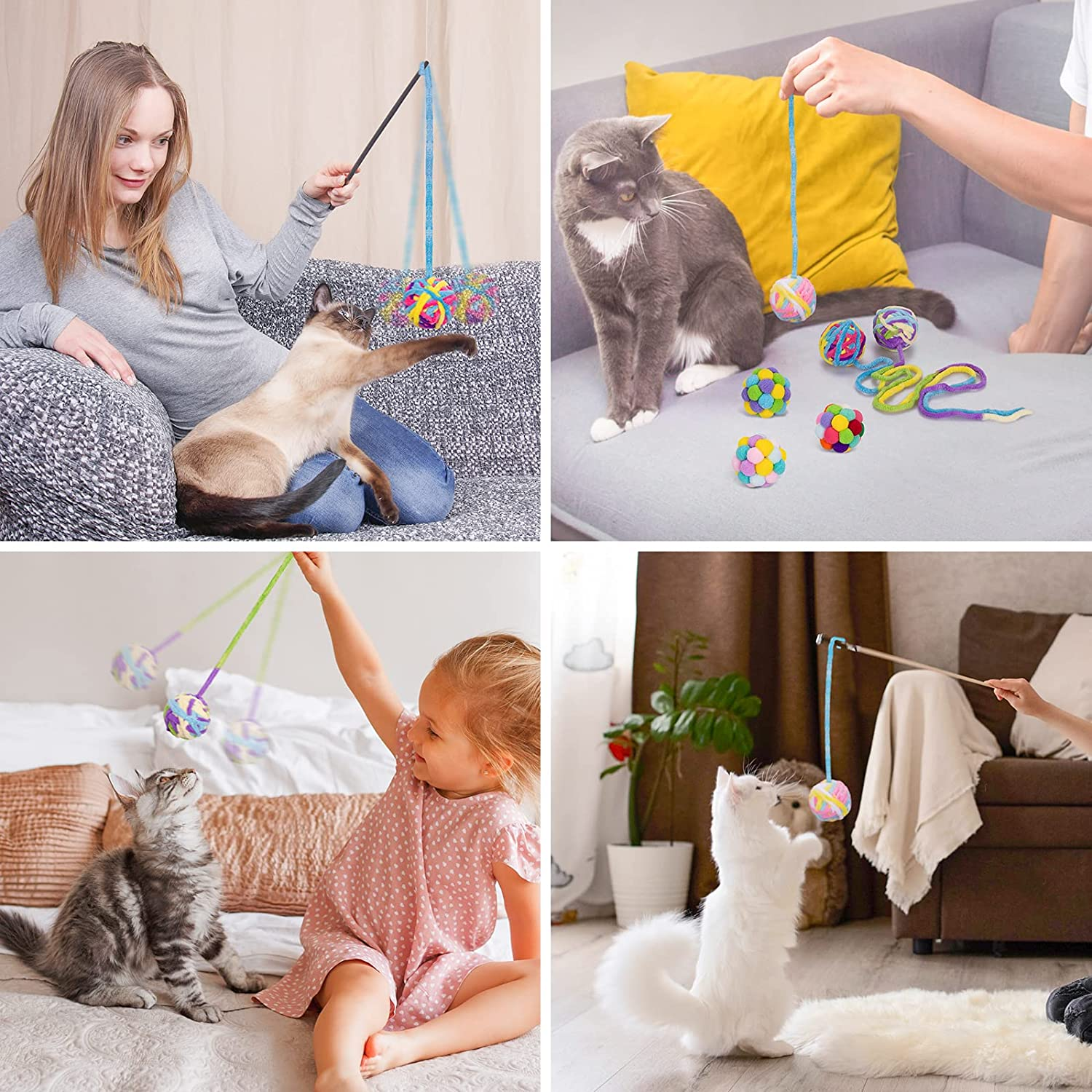 Retro Shaw Cat Toys Ball 6 Pcs,Yarn Cat Balls with Bells Inside,Interactive Kitten Toys for Indoor Kitten Chew,Kitty Toys Fuzzy Ball with String image number 5