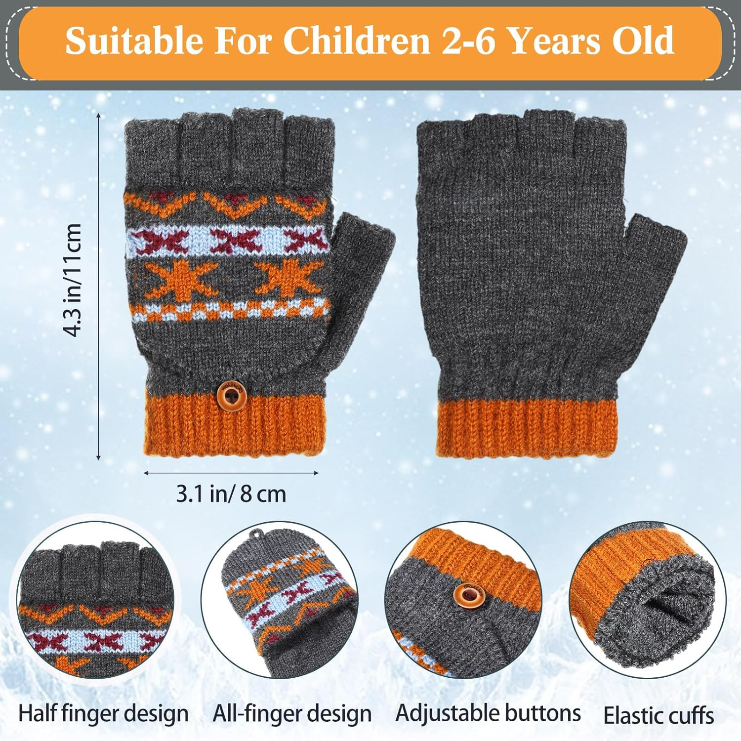 Handepo Kid Winter Gloves 3 Pair Convertible Warm Infant Gloves Flip Top Toddler Baby Clothes for Kids 2-6 Years - Black, Deep Gray, Deep Green image number 2