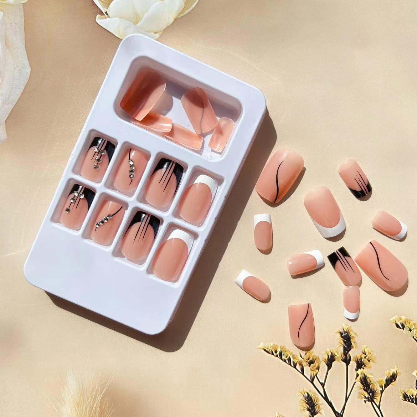 24 Pcs Square French Press on Nails Medium Fake Nails French Line Glue on Nails with Rhinestone Designs Full Cover False Nails Black White Nail Tips for Women Girls image number 1