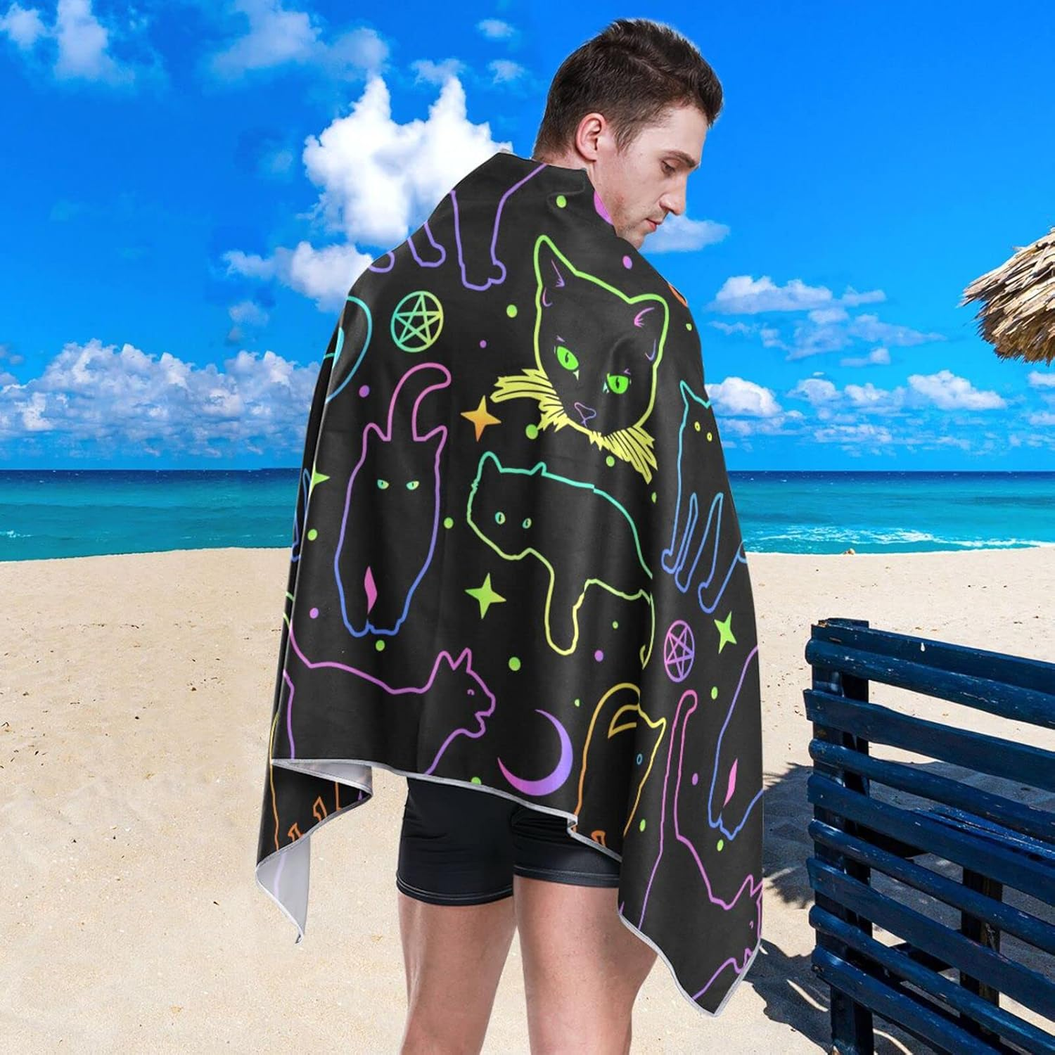 AIXIWAWA Neon Line Cats Travel Beach Towel Oversized for Women Men, Sand Free Super Absorbent Quick Dry Pool Towels Beach Blanket for Swimming Pool Beach Gym 30&times;60 Inches image number 1