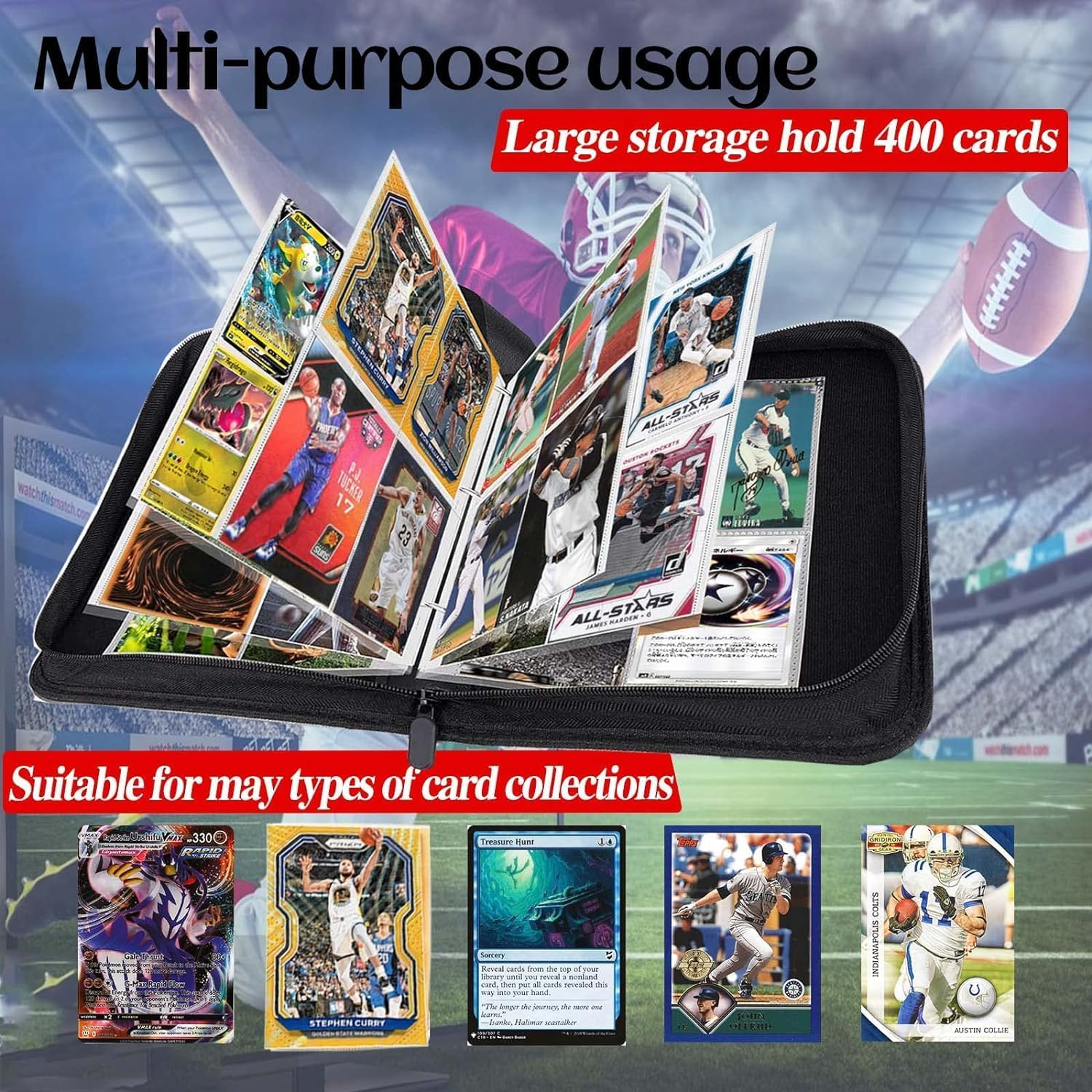 400-Pocket Football Card Binder, 3-Ring Binder with 50 Sheets of 4-Pocket Sleeves, Protects Cards from Fading, Smudging, and Breaking