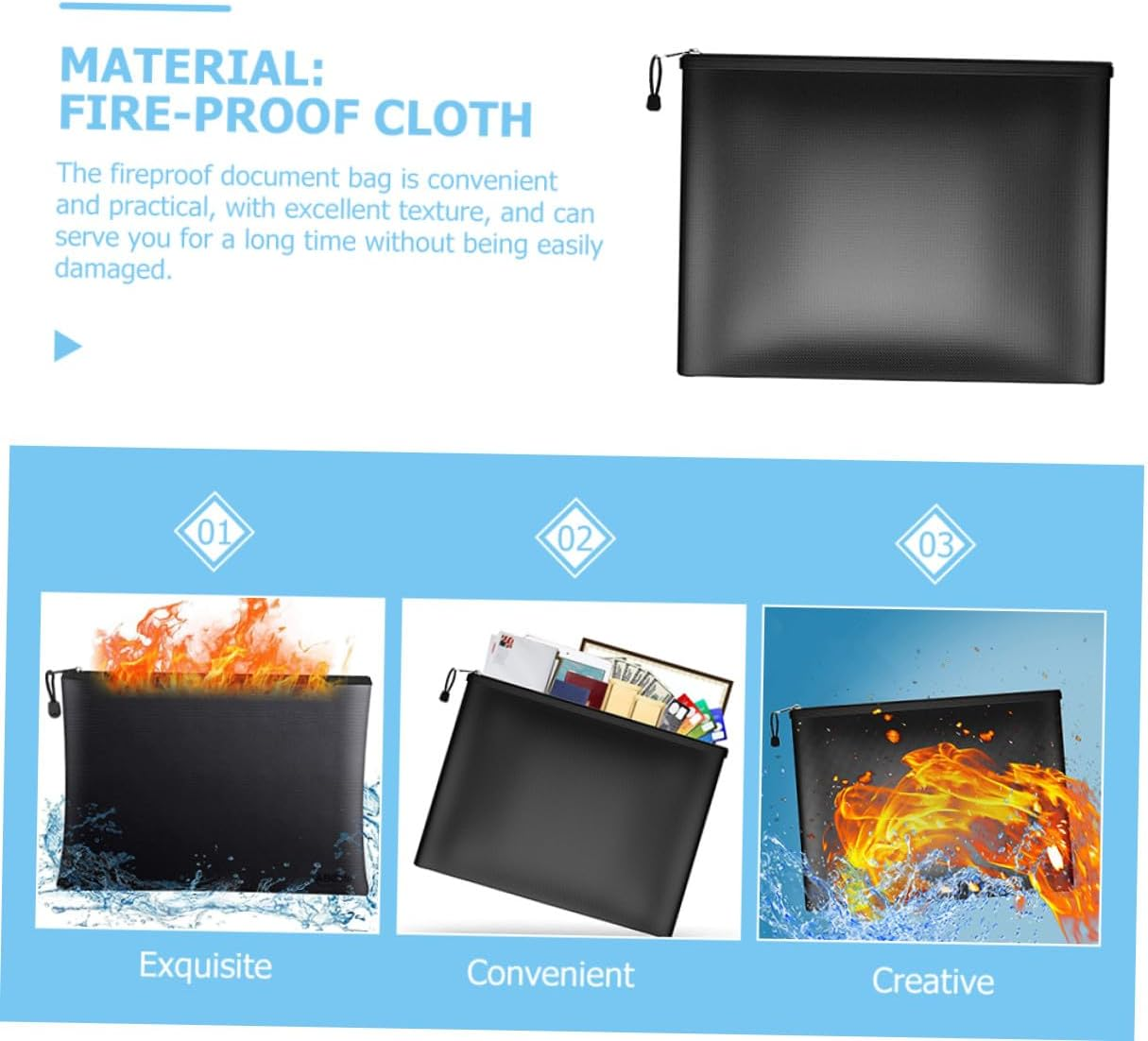 WOONEKY Fireproof Money Bag with Zipper Medium Black Document Holder for Travel and Home Use Secure Storage for Cash Passports Certificates and Valuables Fire-Resistant Document Case