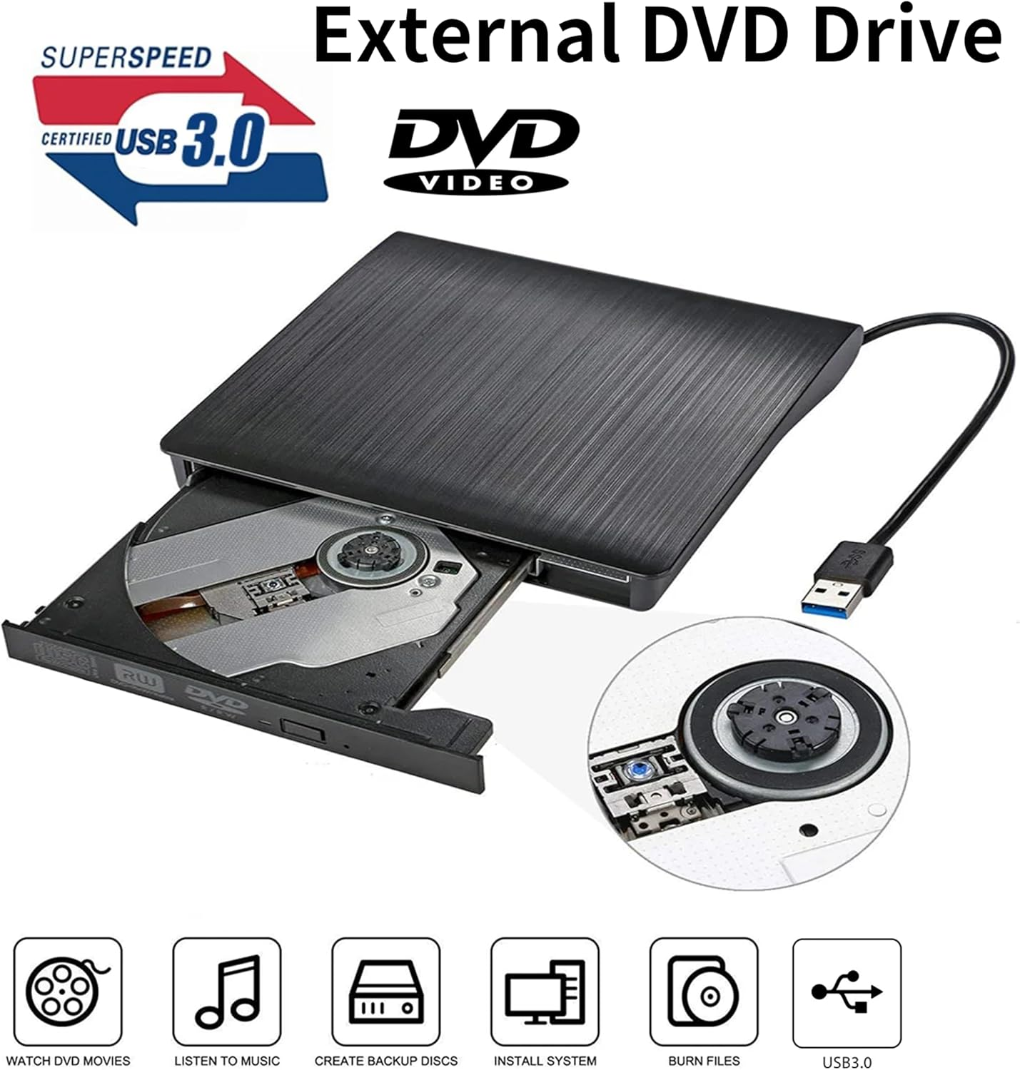 Antika External DVD Drive USB 3.0 TD Burner Portable CD +/-RW Drive DVD Player for ROM Rewriter Burner Compatible with Laptop Desktop PC Windows Macbook Linux Mac OS image number 5
