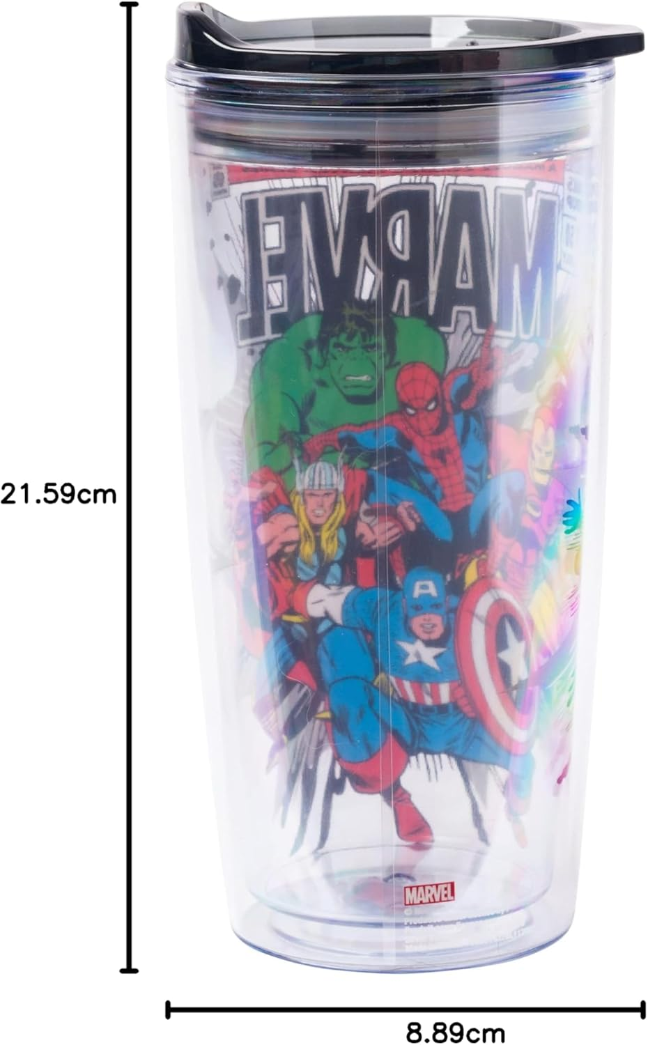 Silver Buffalo Retro Marvel Comics Avengers Double Wall Travel Tumbler with Slide Close Lid Spider-Man, Captain America, Thor, Hulk, and Iron Man, 20 Ounces - Care Bears And Strawberry Shortcake Iridescent image number 6