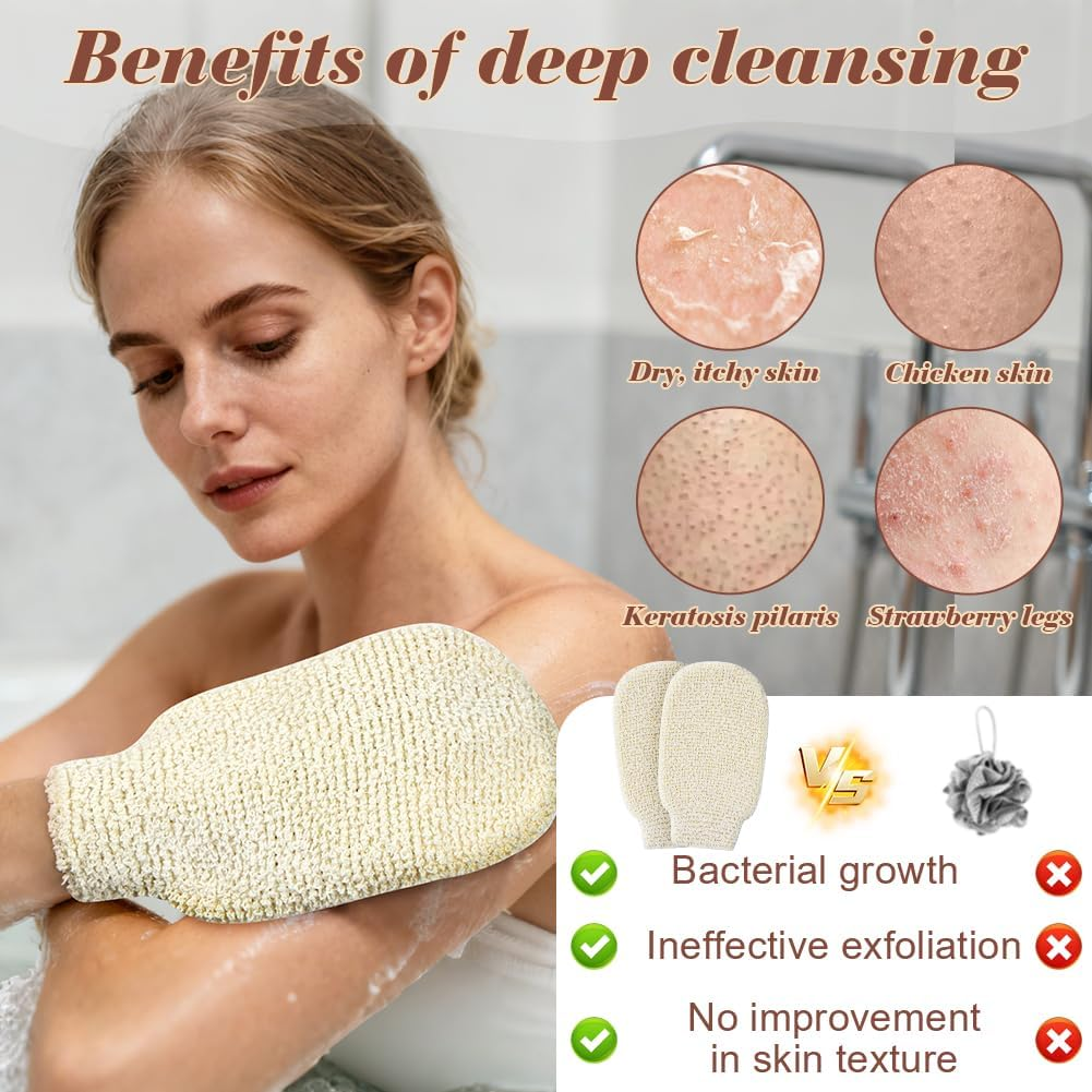 LOPHE Sisal Shower Glove, Set of 2 Exfoliating Gloves, Body Sisal Exfoliating Gloves, Shower Scrubbing Gloves, Washable for Men, Women, Children, Spa, Massage, White