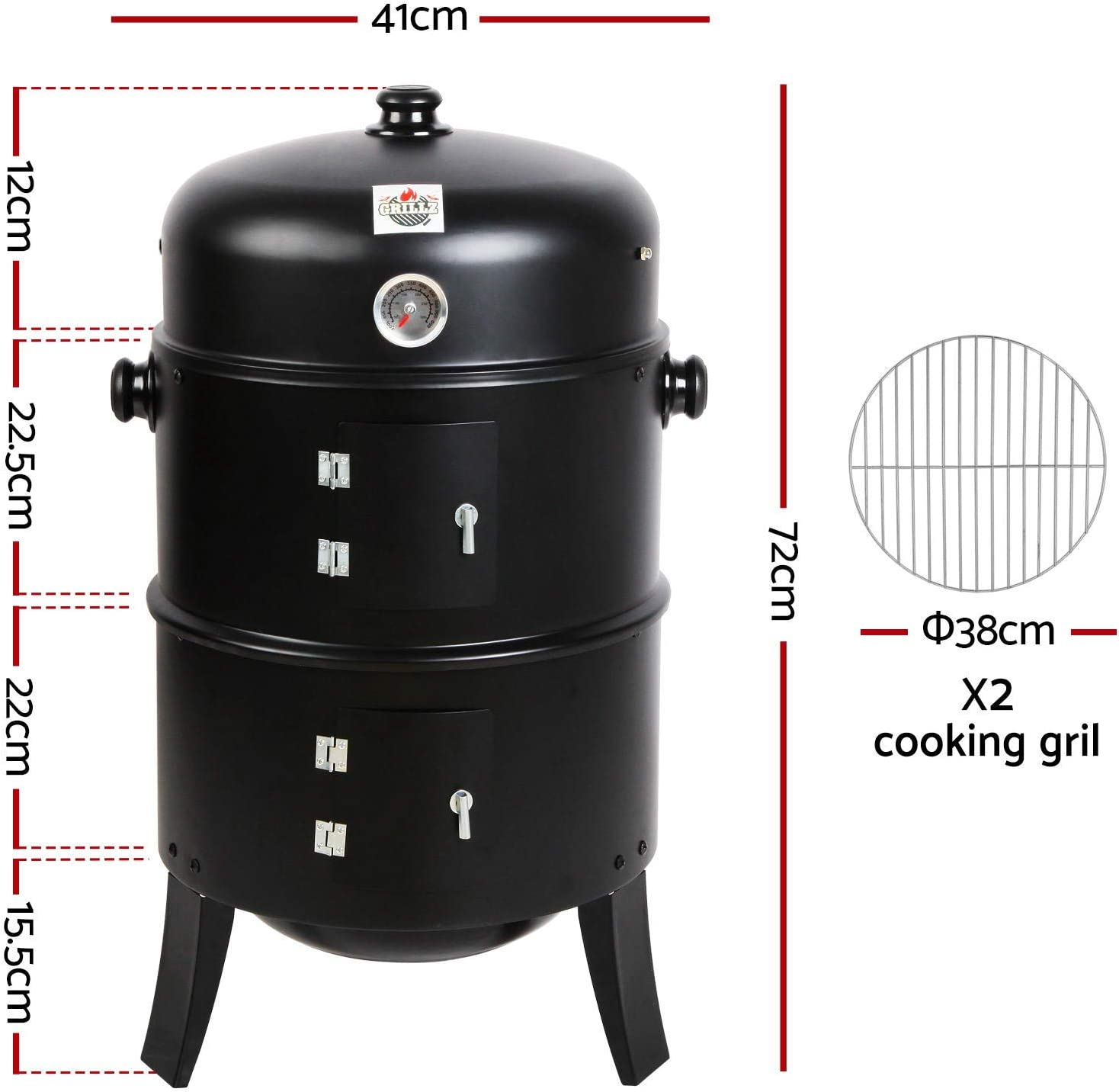 Grillz 3-In-1 Charcoal BBQ Smoker - Black image number 5