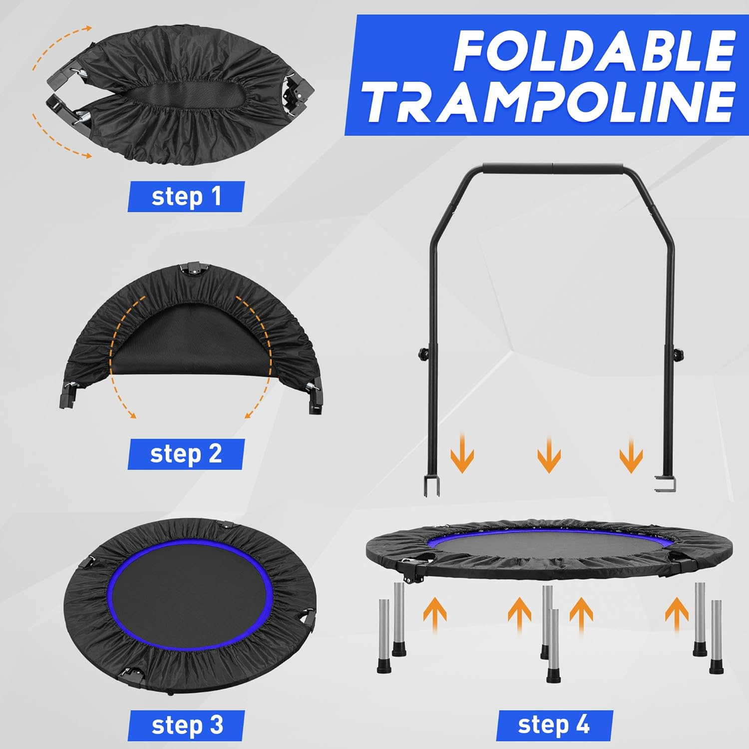 Hyd-Parts 40" Foldable Mini Trampoline Indoor Rebounder Trampoline for Adults Fitness Trampoline with Handle Exercise Workout Max Load 330Lbs image number 5