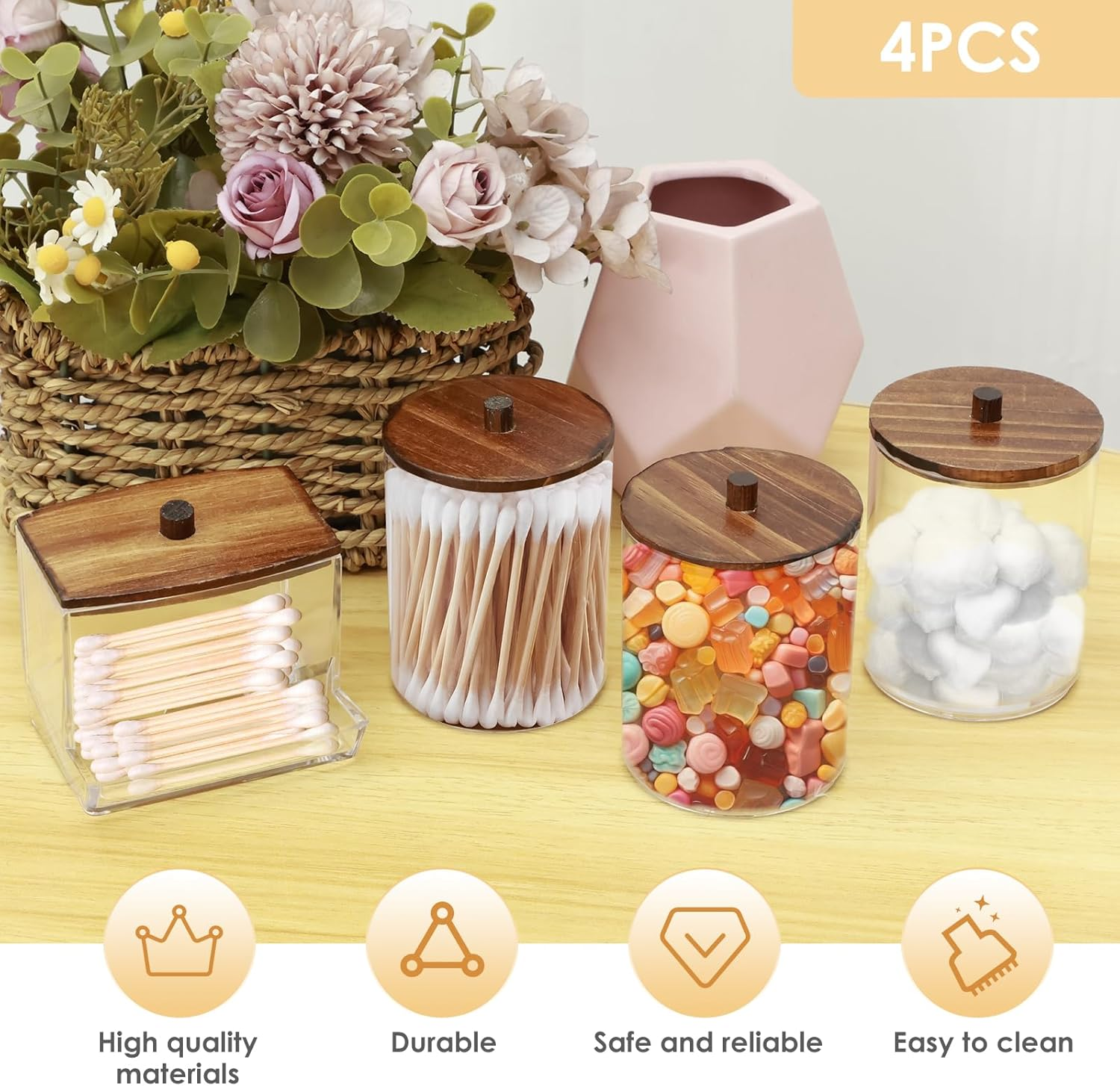 ZFLYCANP Holder Dispenser for Cotton Ball Small Clear Plastic Canister Apothecary Jar Set Cotton Swab Cotton round Pads Apothecary Jar Organizer for Storage Wood Lids image number 3