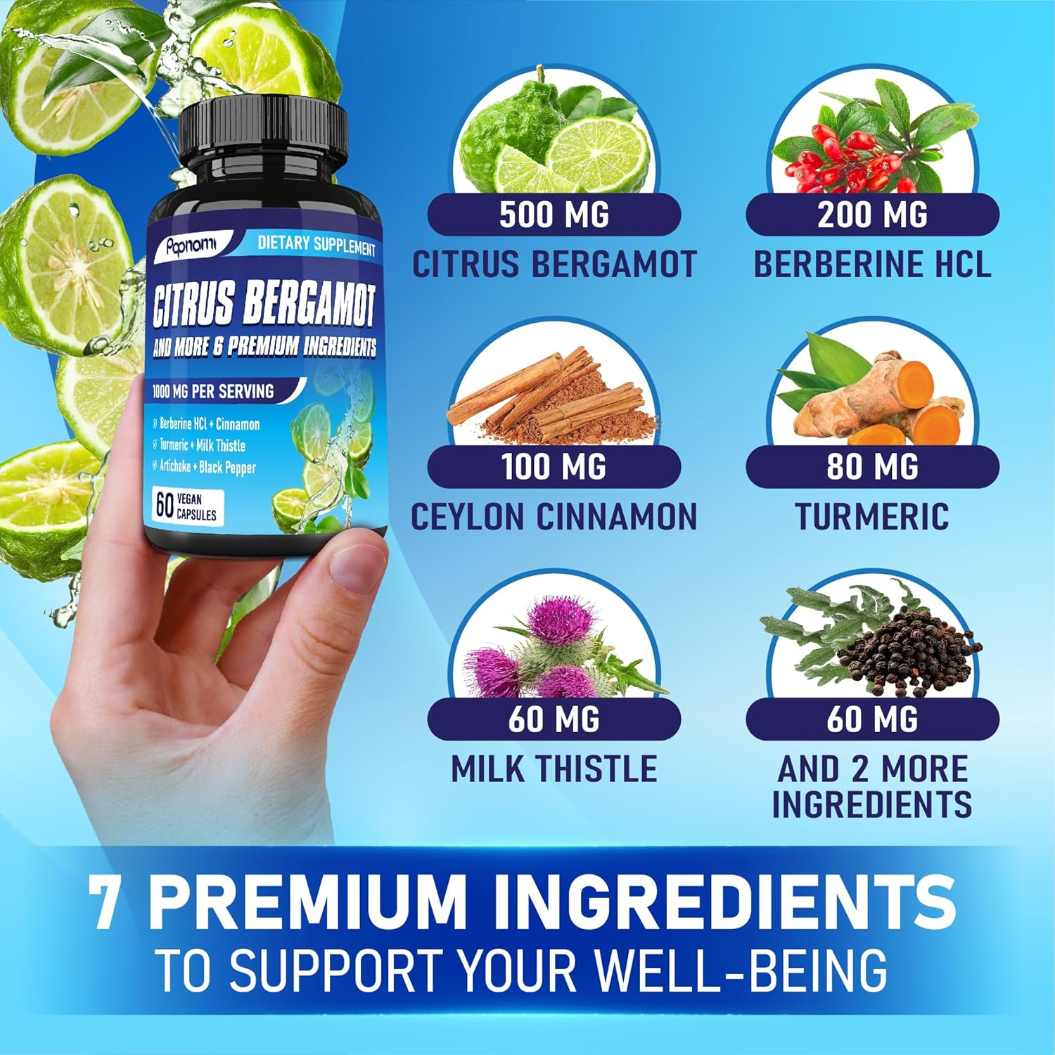 Papnami 7In1 Citrus Bergamot Supplement - Blended with Berberine Hcl, Cinnamon Bark, Turmeric, Milk Thistle, Artichoke Leaf & Black Pepper | 60 Count image number 3
