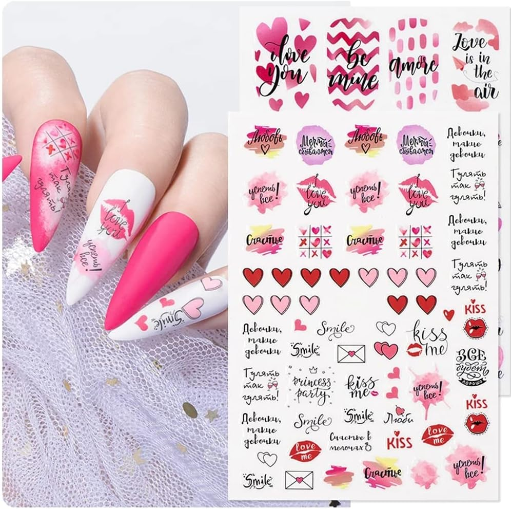 12 Sheets Valentine'S Day Nail Art Stickers Decal 3D Heart Nail Decals Self-Adhesive Red Sexy Lips Love Rose Kiss Angel Letter DIY Nail Design Sticker Nail Supplies Manicure Decoration for Women Girls image number 2