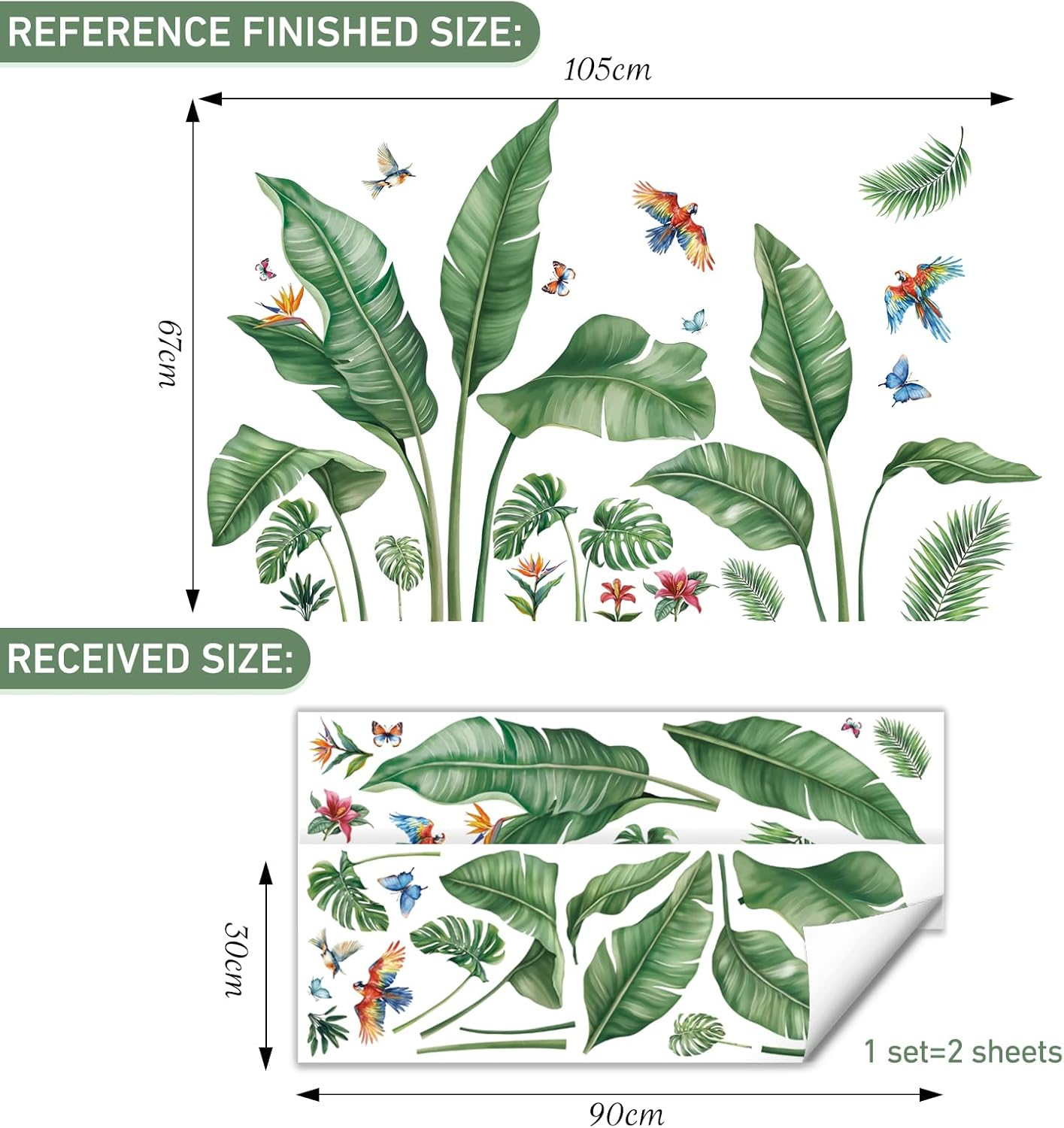 SHUCHING Palm Leaves Wall Sticker Peel and Stick, Vinyl Tropical Leaf Wall Decal, Wall Decor Art Home Decoration for Bedroom Living Room Office image number 4