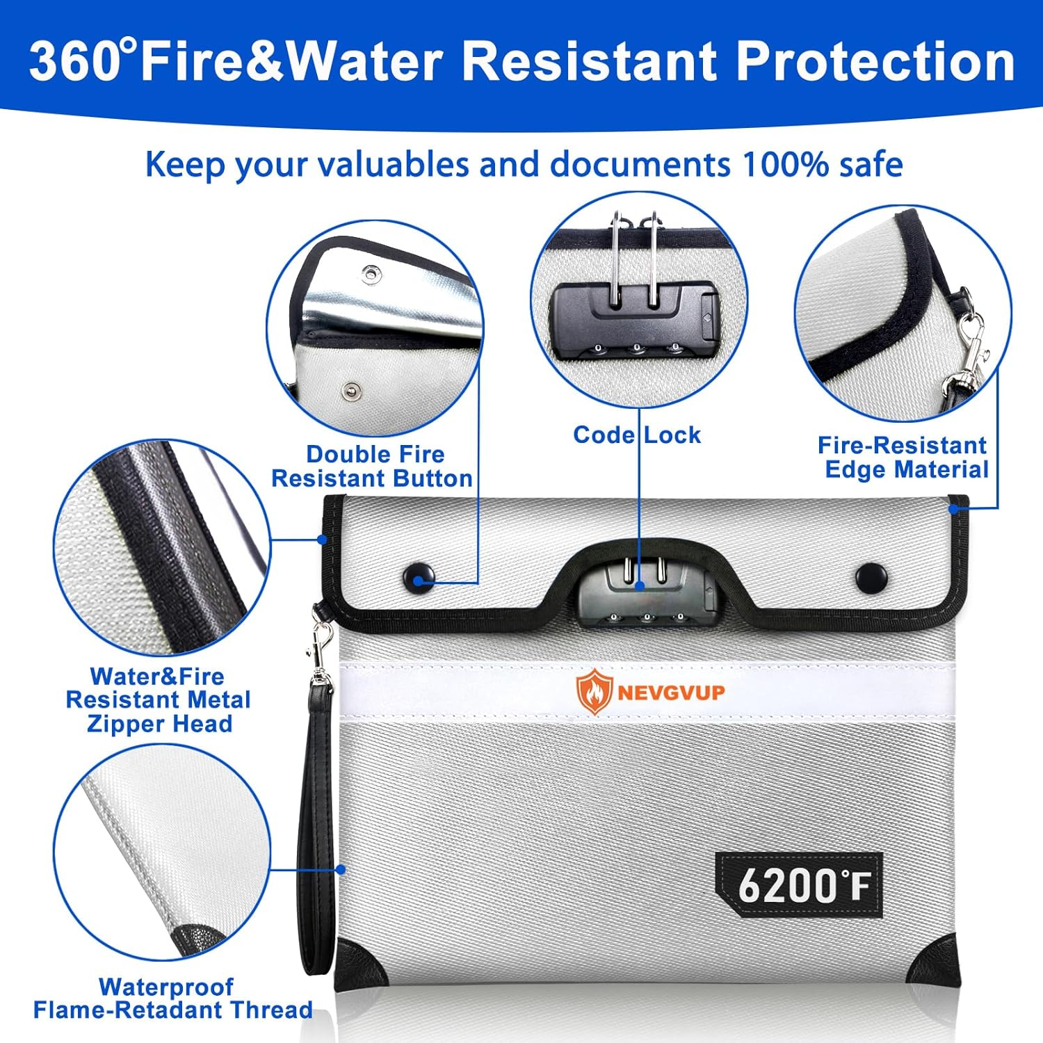 Upgraded 6200&deg;F Fireproof Money Bag with Lock, Fireproof Bag W. Zipper/Reflective Strip, 9 Layers of Heat Insulated Material, Water Resistant Fire Proof Money Bag for Cash, Fire Bag for A5 Documents