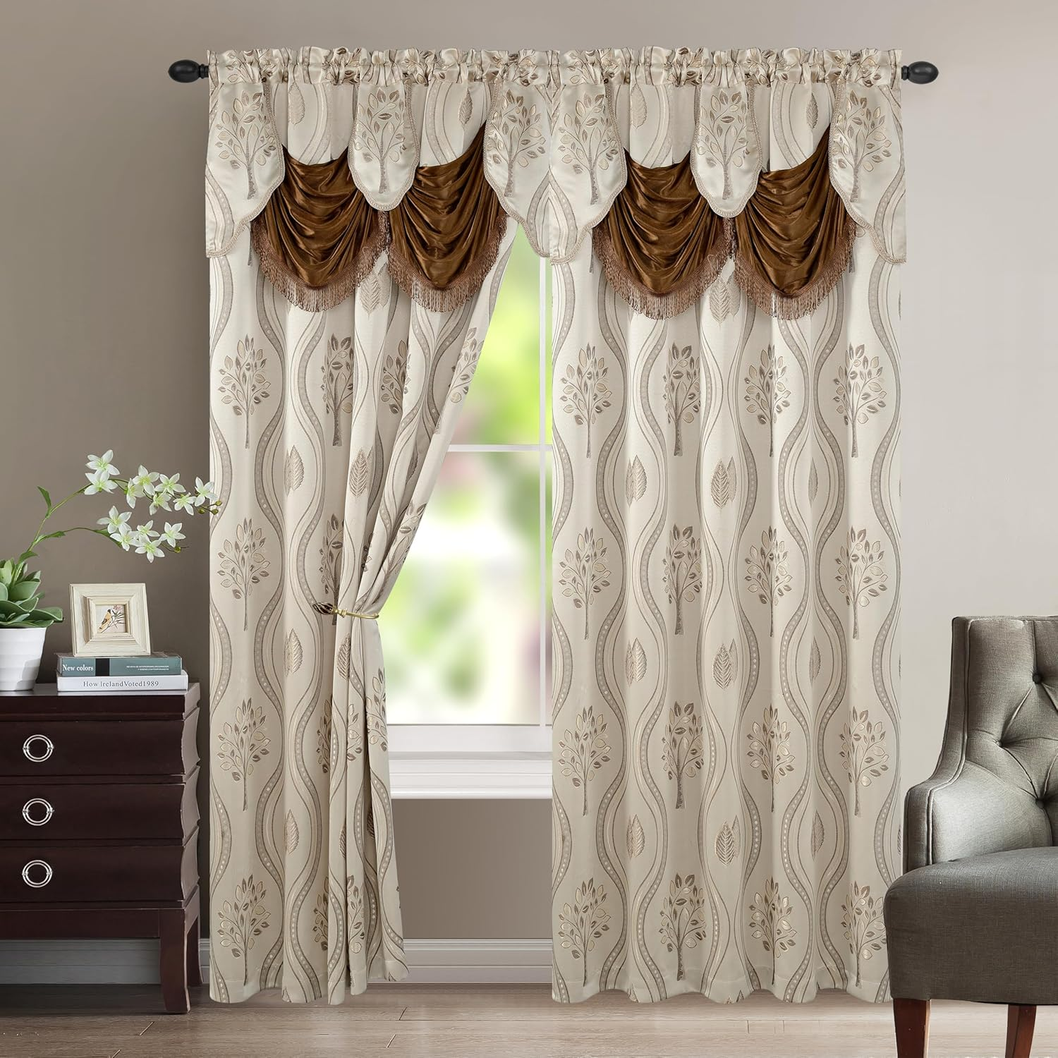 Elegant Comfort Aurora Jacquard Look Curtain Panel Set with Attached Valance 54" X 84 Inch (Set of 2), Sage