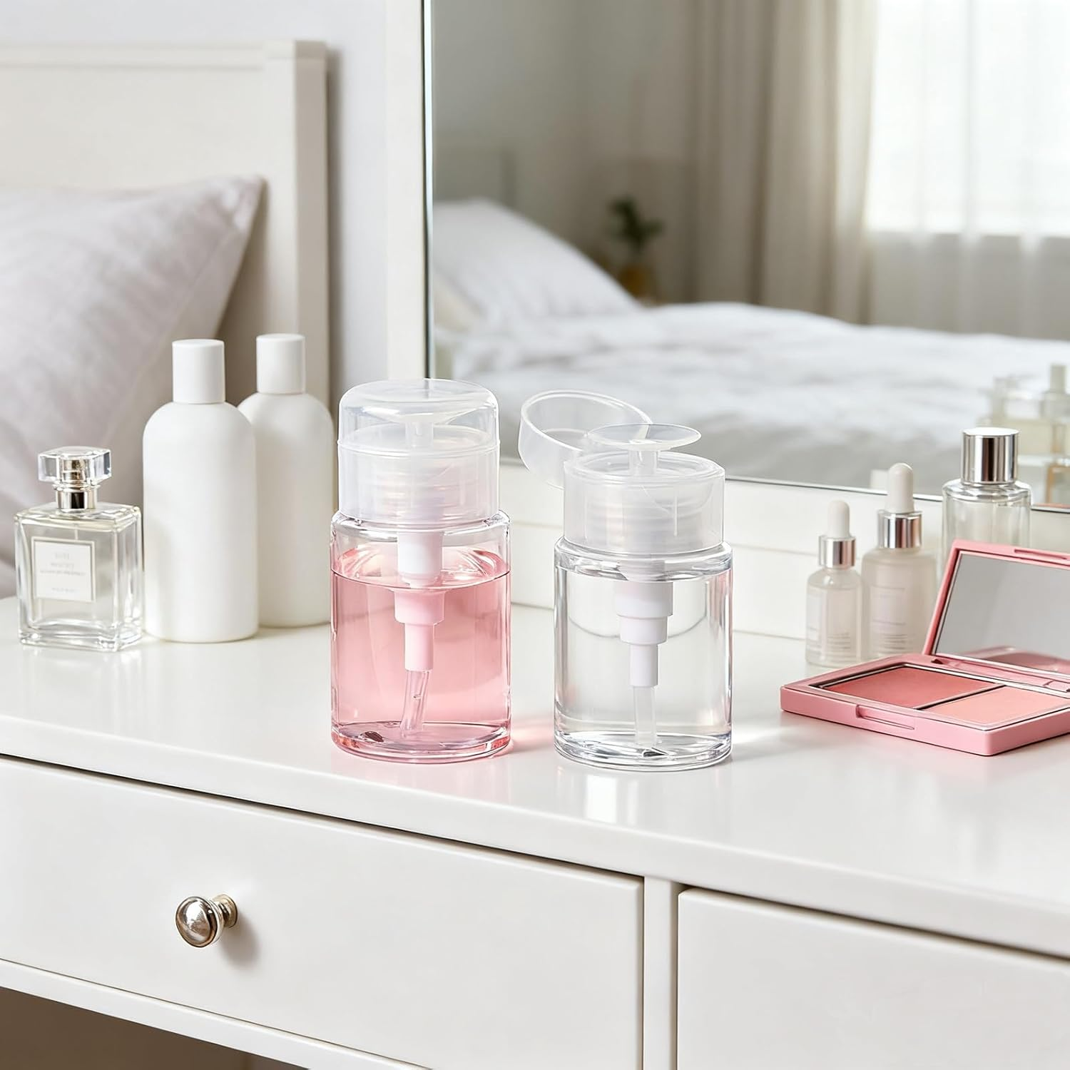 TUZAZO 3 Pack Push down Pump Bottle Dispenser for Makeup Remover, Facial Toner, Micellar Water, Alcohol, Nail Polish Remover Empty Push Top Bottles Containers 3.4Oz/100Ml image number 6