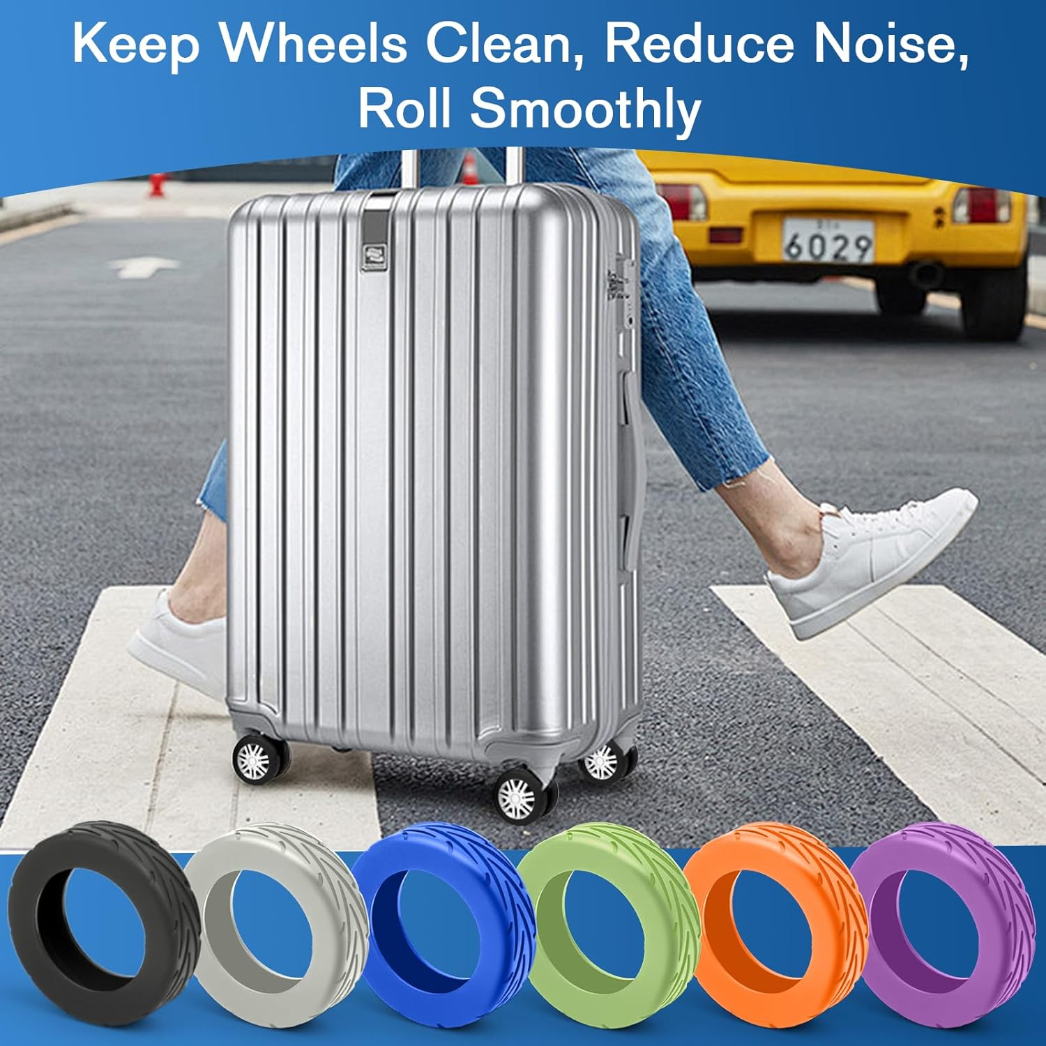 TSJLIKI 8-Pack Upgrade Luggage Wheel Covers, Wear-Resistant & Anti-Noise Silicone Protectors for 5-6Cm Spinner Wheels, Universal Fit for Carry-On Suitcase (Purple) - Blue image number 6