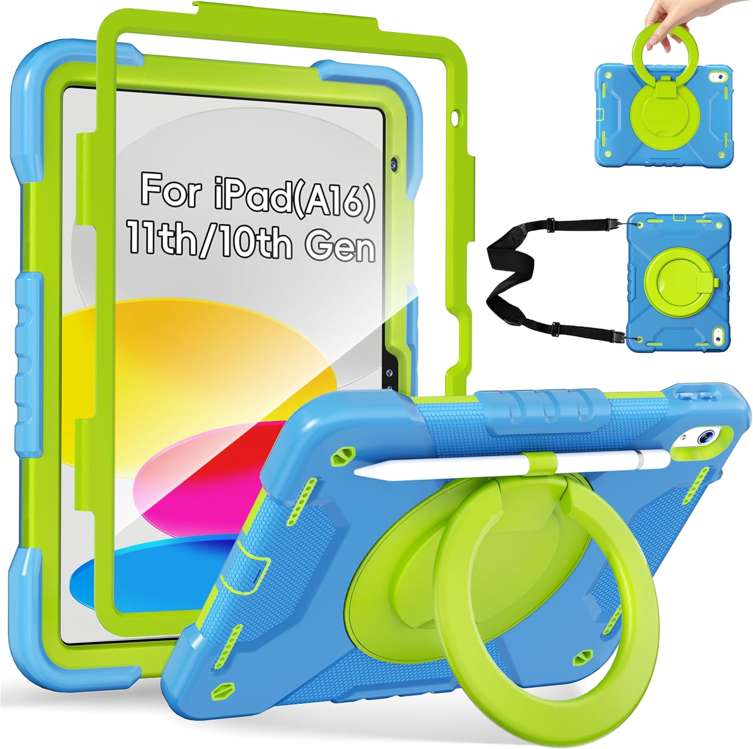 Case for Ipad (A16) 11Th Generation 11 Inch 2025/10Th Generation 10.9 Inch 2022, Heavy Duty Shockproof Cover with 360&deg; Rotating Handle/Bracket/Pen Holder/Shoulder Strap, Blue+Green
