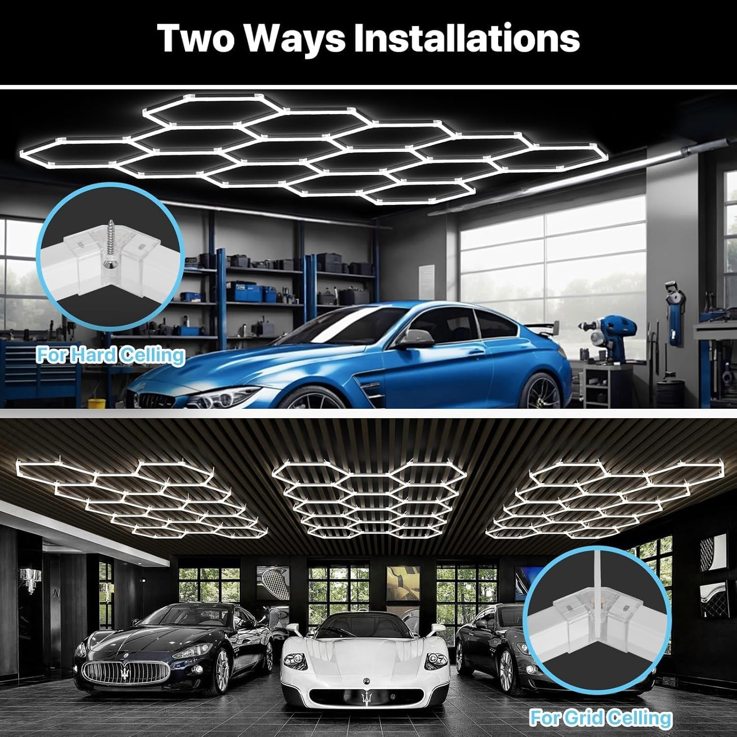 Hexagon Garage Lights LED Super Bright 6500K Honeycomb Hexagon Ceiling Shop Light Fixture for Hex Wall Mount Lighting for Garage Workshop Barbershop，Gym Home