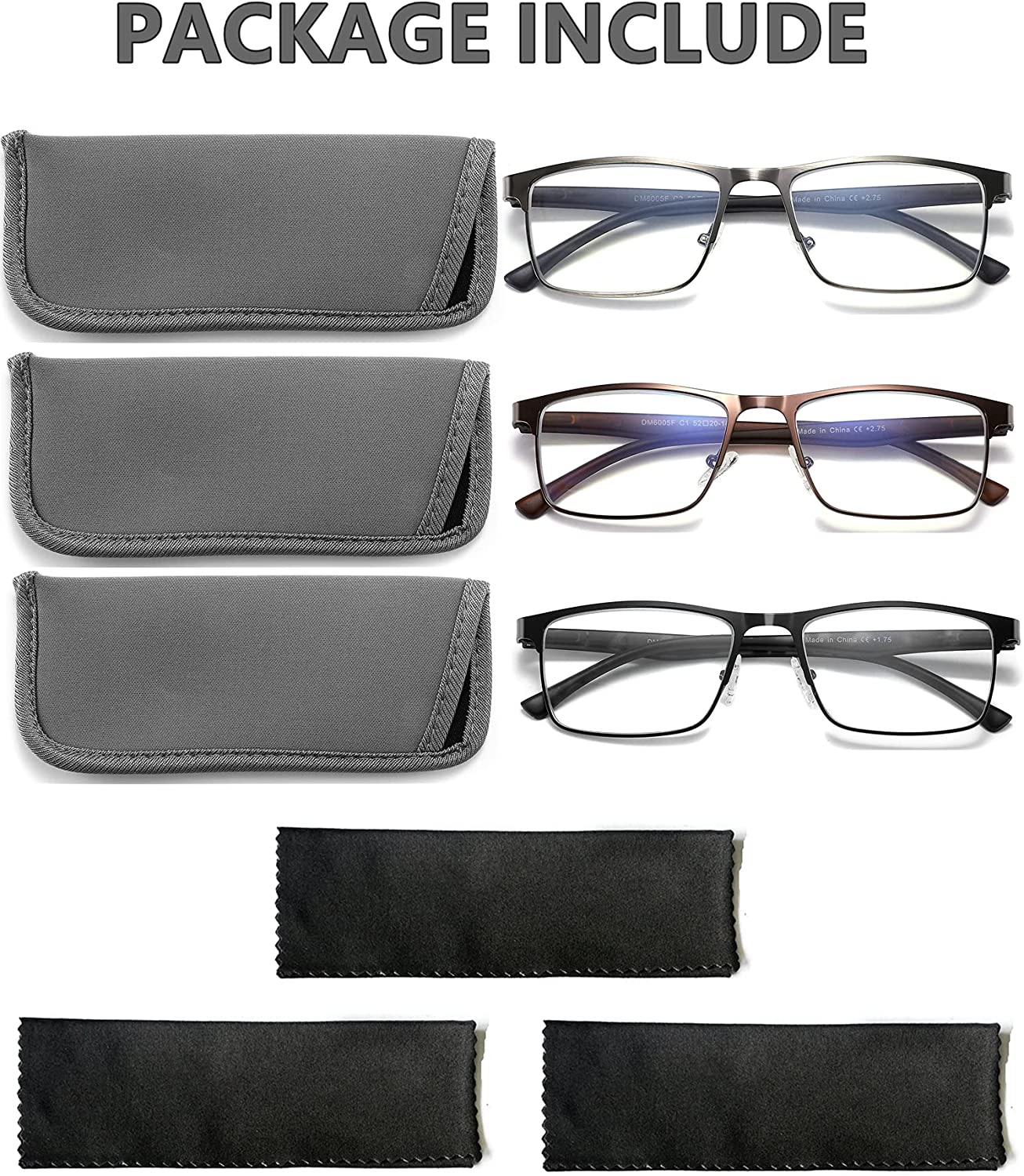 CRGATV 3-Pack Reading Glasses for Men Blue Light Filtering Full Frame Metal Readers anti Uv/Eye Strain/Glare