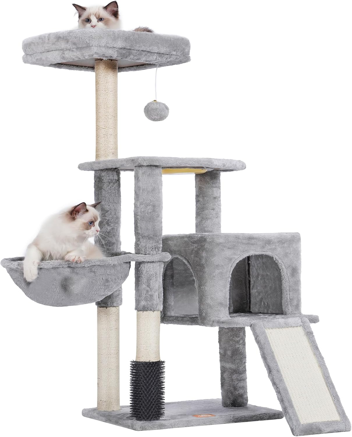 Heybly Cat Tree with Cat Self Groomer Brush, Cat Tower Condo for Indoor Cats with Padded Plush Perch,Cat House with Basket Scratching Board Post, Smoky Gray HCT005SG