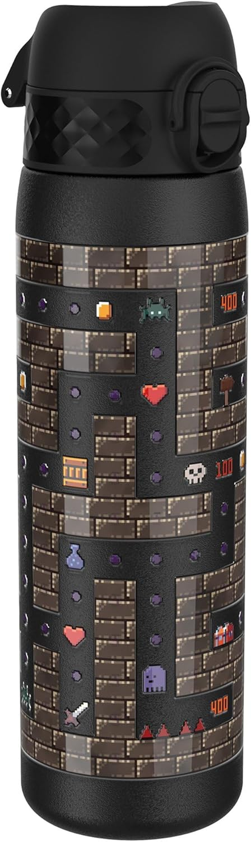 Ion8 Steel Water Bottle, 600Ml, Leak Proof, One-Finger Open, Dishwasher Safe, Flip Cover, Fits Cup Holders, Spill-Free On-The-Go, Carry Handle, Durable, Raised 3D Print, Black, Gaming Design image number 4