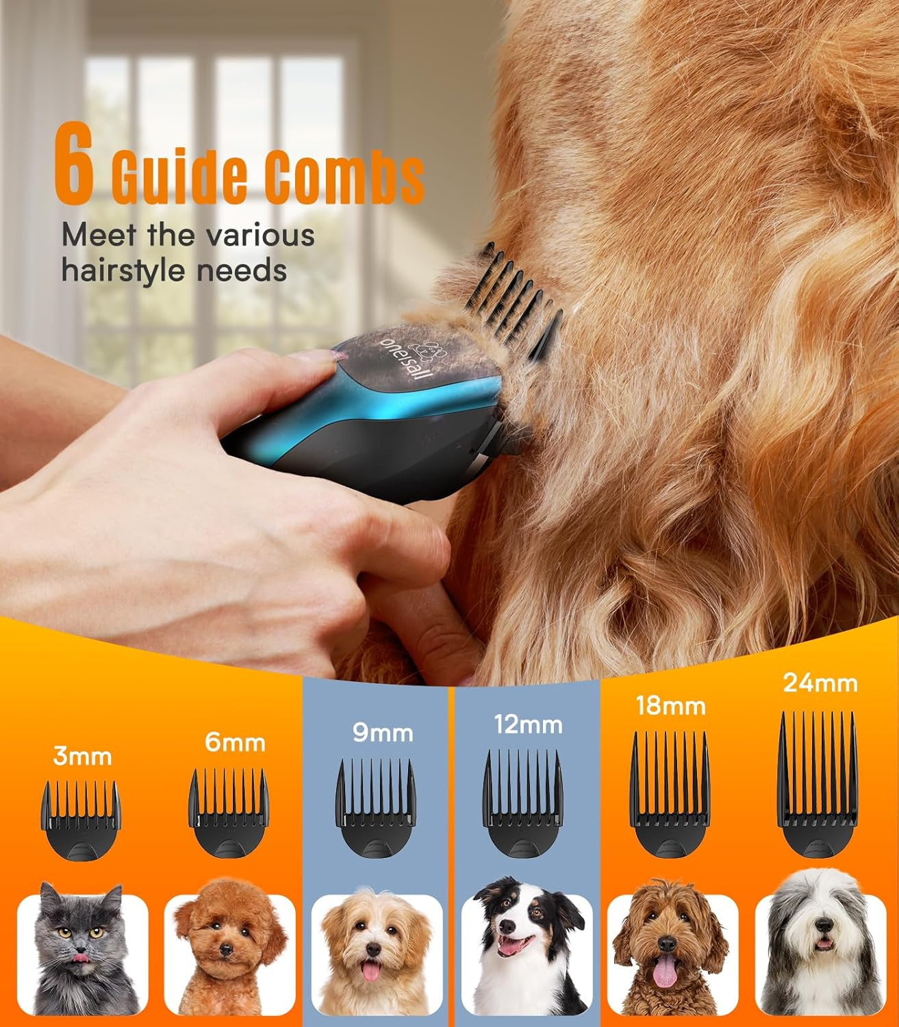 Oneisall Dog Clippers for Grooming 2-Speed Super Power Dog Grooming Clippers 50Db Quiet Rechargeable Cordless Pet Trimmer with Detachable Stainless Steel Blade for Small & Large Dogs with Thick Coats image number 6