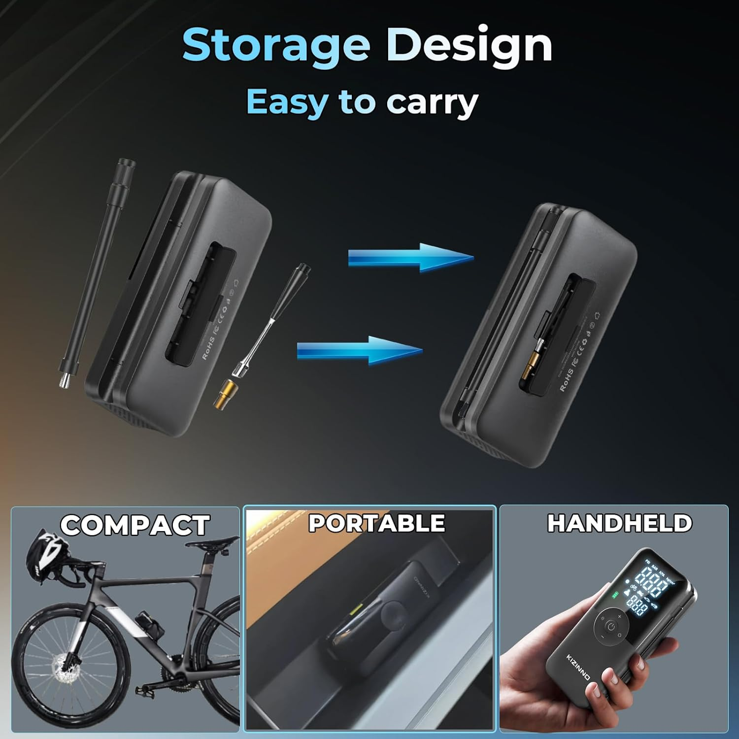 Tyre Inflator Portable Air Compressor - Faster Inflation 150PSI Cordless Portable Air Pump, Deflation Button, Digital Pressure Gauge, Tyre Inflator for Car, Bike, Motor and More(Black) image number 1