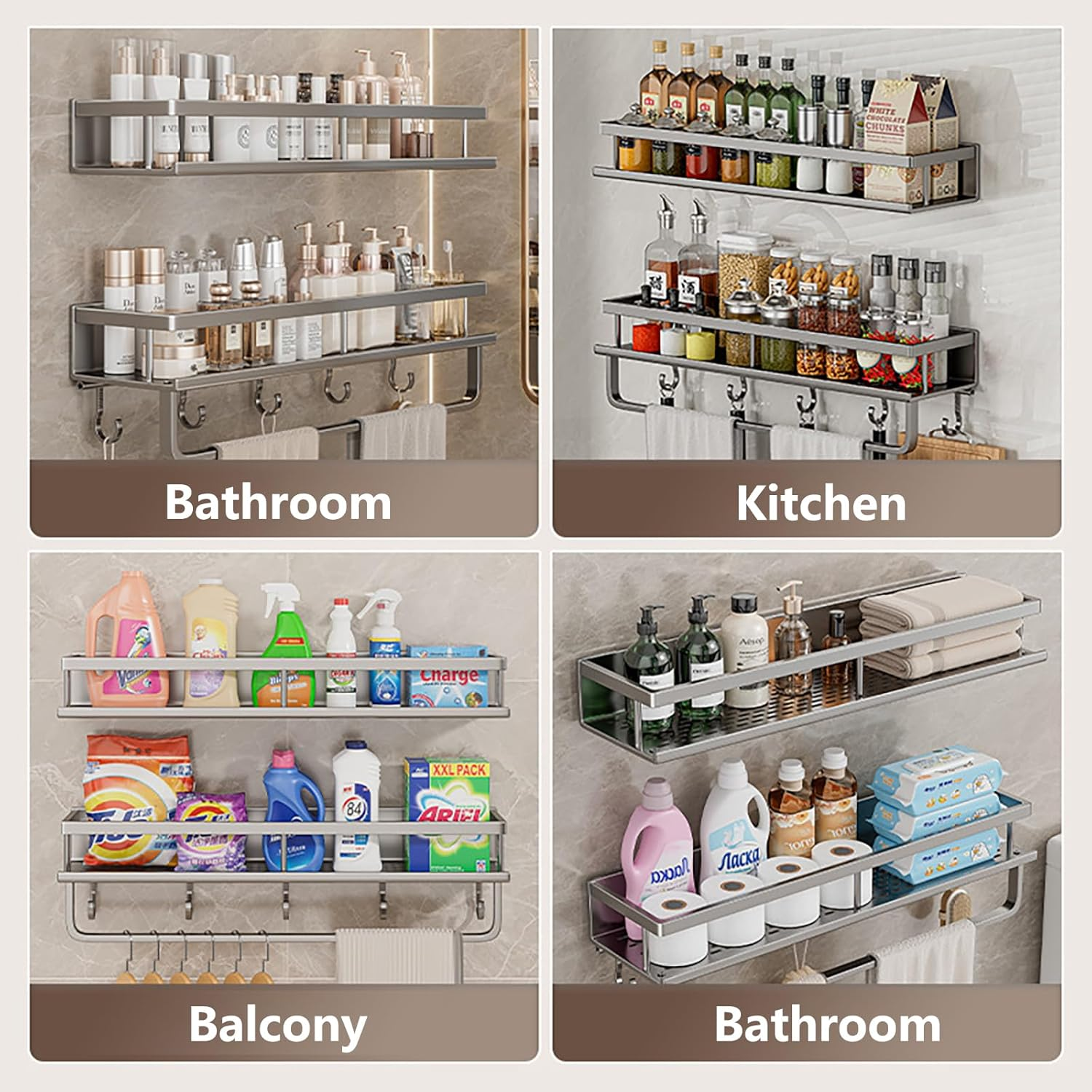 ZOOMTEC Large Shower Caddy with 5 Hooks and Removable Towel Bar, W50&times;D12Cm Rustproof Shower Organizer, Wall-Mounted No Drilling Bathroom Caddy for Balcony (Black) - Grey image number 7