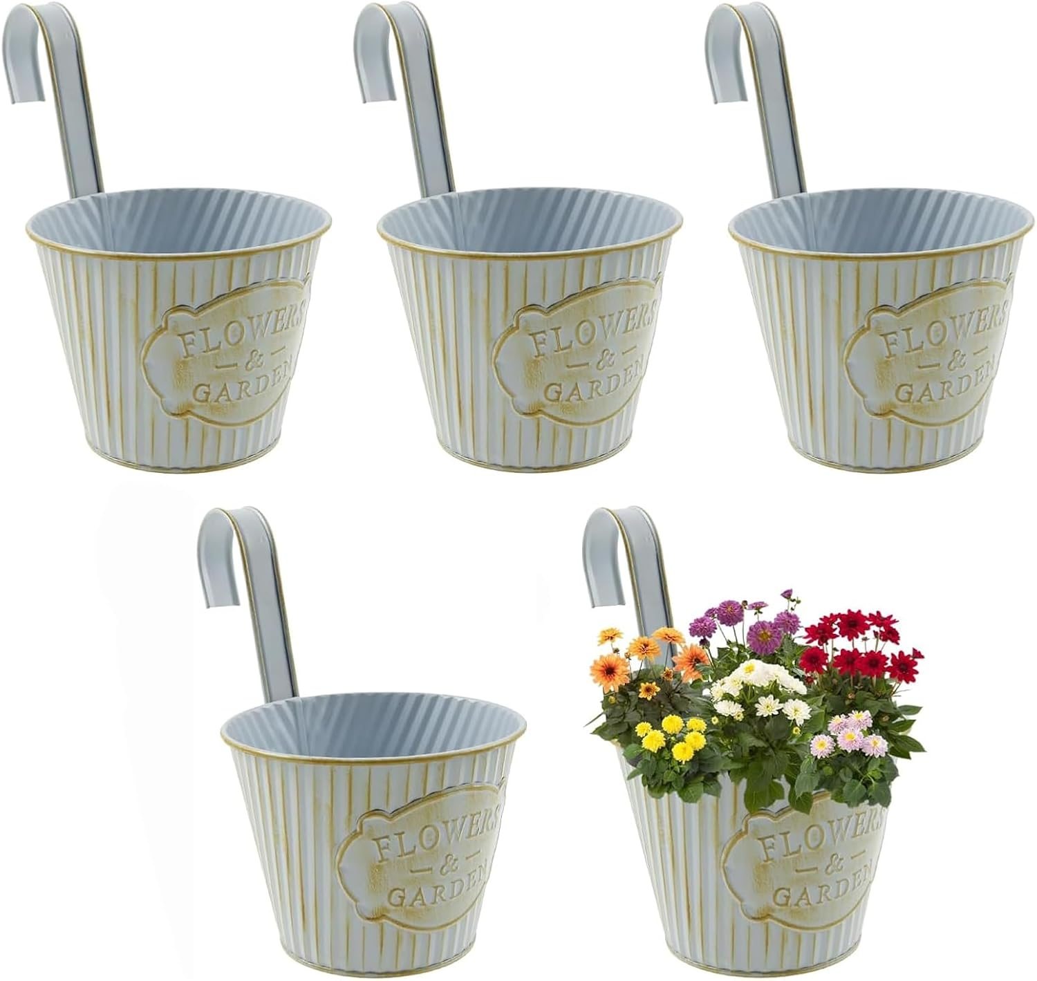 5 Pack Hanging Planters with Hooks, 9Cm Metal Bucket Hanging Flower Pots for Balcony Railing Fence Deck Rail Porch Window Box, Outdoor Garden Planters Basket(Blue)