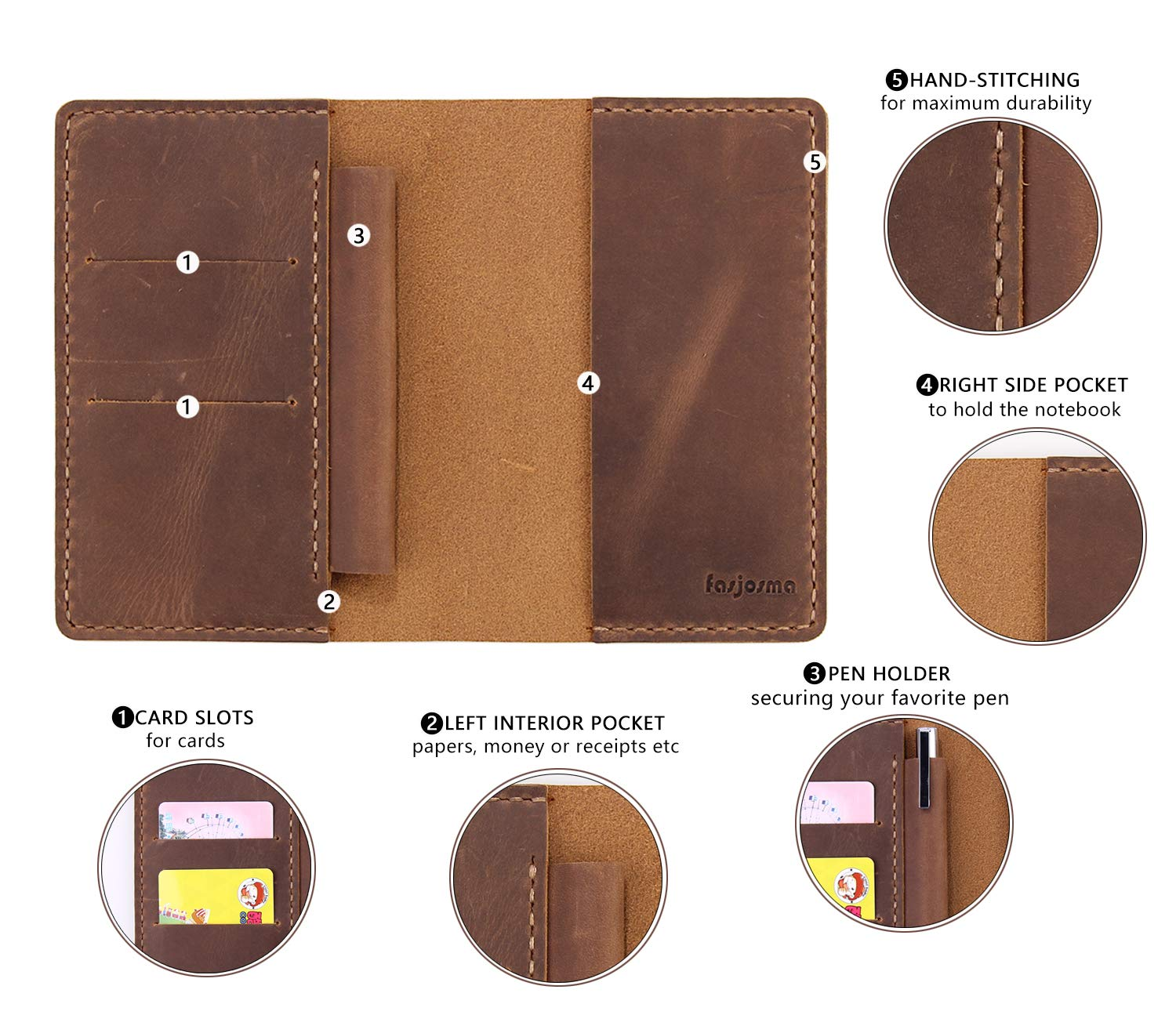 Leather Notebook Cover for Field Notes, Handmade Journal Cover for Moleskine Cahier Journal, Leather Cover with Pen Holder Fits 3.5" X 5.5" Pocket Notebook - Brown image number 3