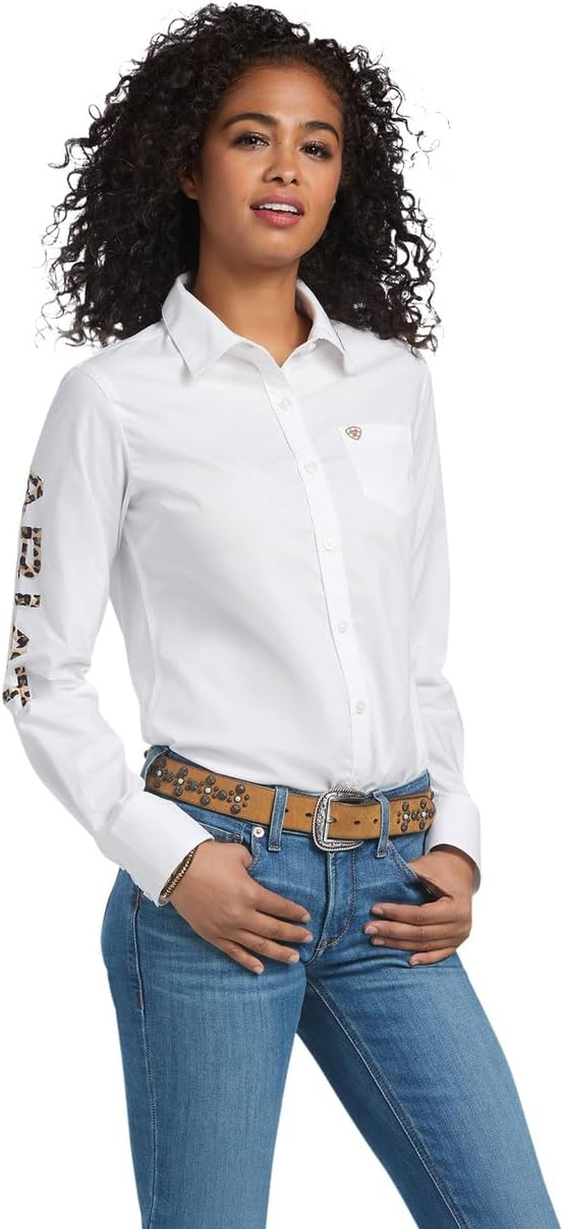 ARIAT Women'S WMS Team Kirby Str Ls Shrt Wht/Lprd Lg, White W/Leopard Logo image number 2