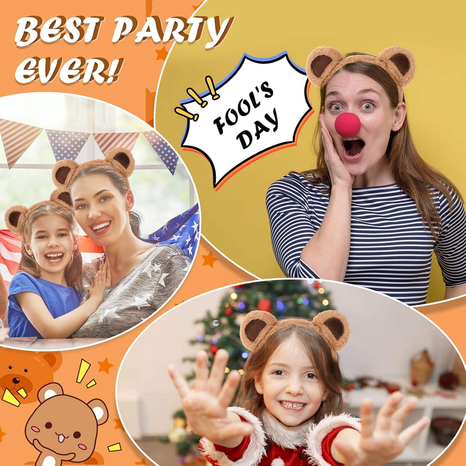 WY LIGHTING LEVEL 2 PCS Bear Ears Headband Cute Animal Ear Hair Hoops Makeup Face Wash Hair Band Party Festival Headwear Cosplay Costume Decoration Hair Accessories for Women Girls image number 5