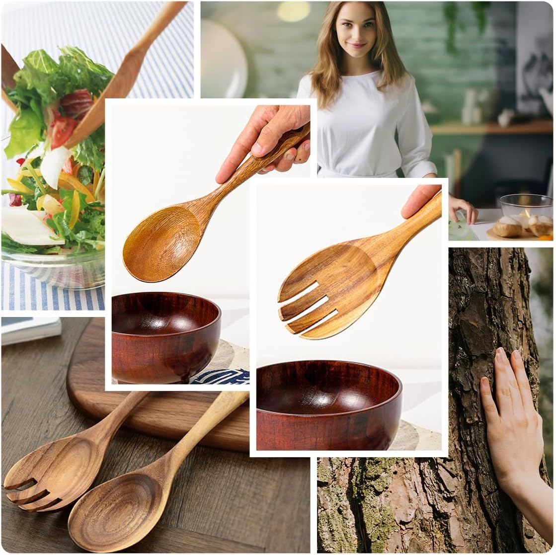 Set of 2 Large Salad Spoons, Wooden Spoons, 33 Cm / 13 Inch Salad Servers, Teak Wood Spoons, Serving Spoons, Salad Wooden Cutlery Long Handle image number 5