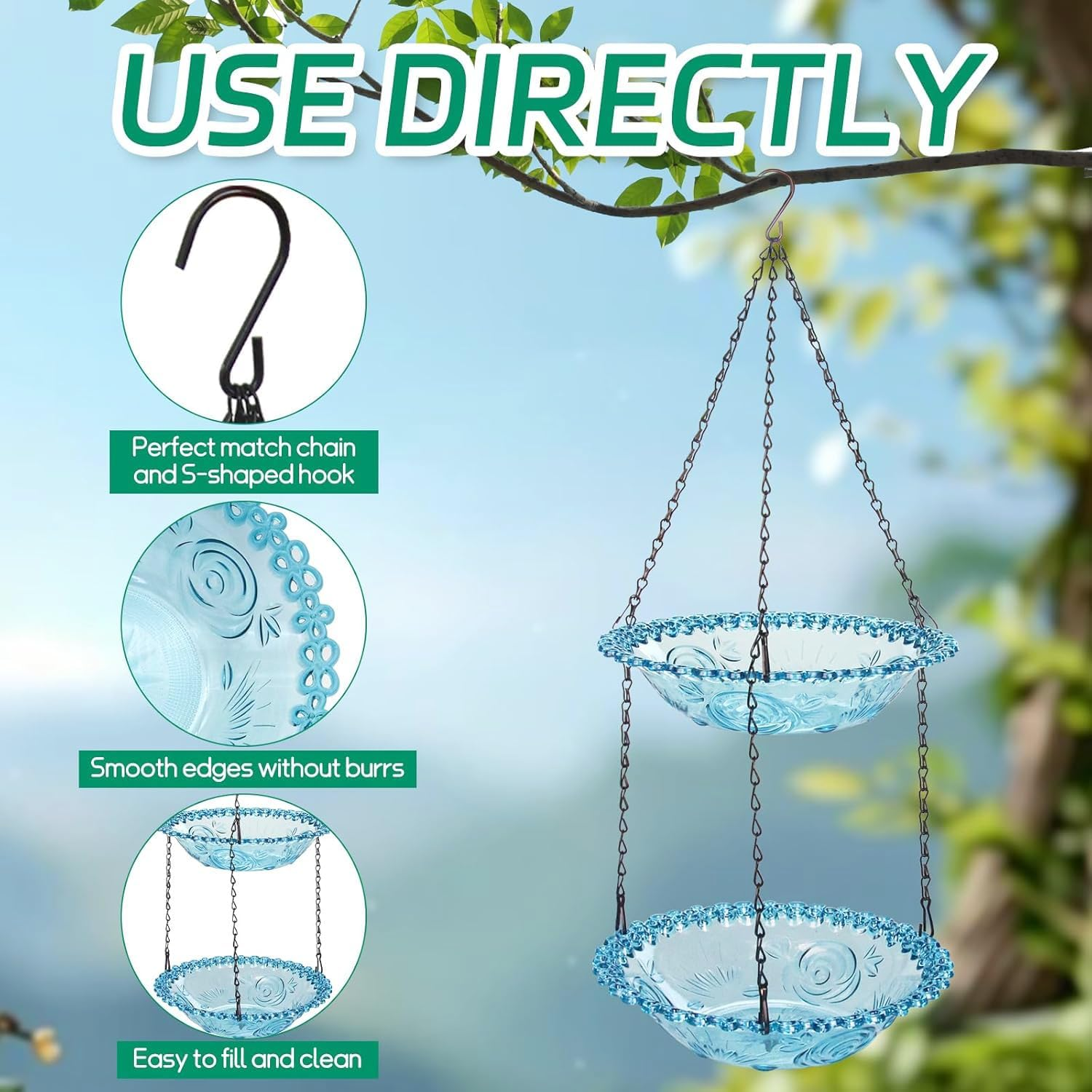 Hanging Bird Bath for Outdoor, 2-In-1 Bird Feeder&Birdbath Bowls, Backyard Birdbath Garden Decor, Feeder and Drinking for Wild Backyard Attracting Birds (Blue-Doulbe Bath) image number 2