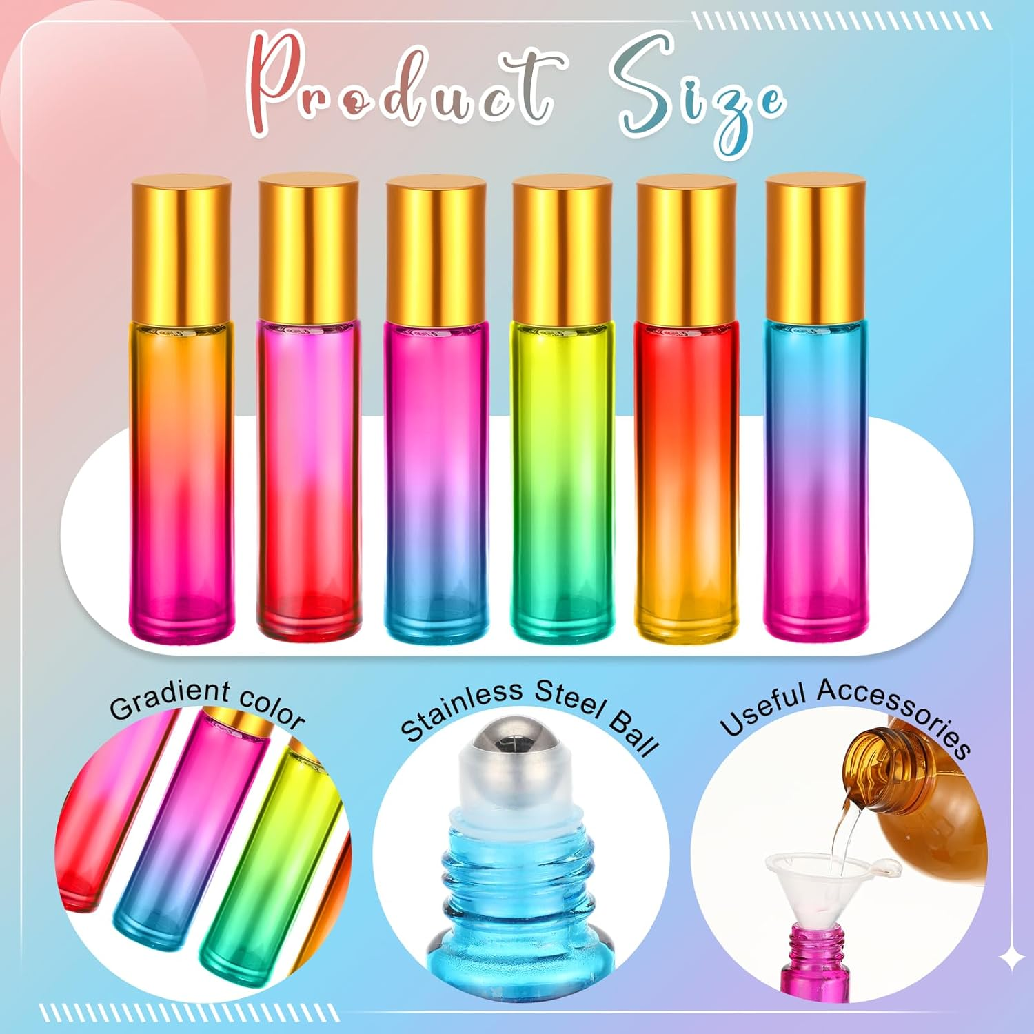 SEEWEY 96 Pcs Essential Oil Roller Bottles 10Ml Empty Glass Roller Bottles with Stainless Steel Roller Balls Protection Leakproof with 5 Funnel for Travel Perfume Lip Gloss (Gradient Color) - Black image number 4