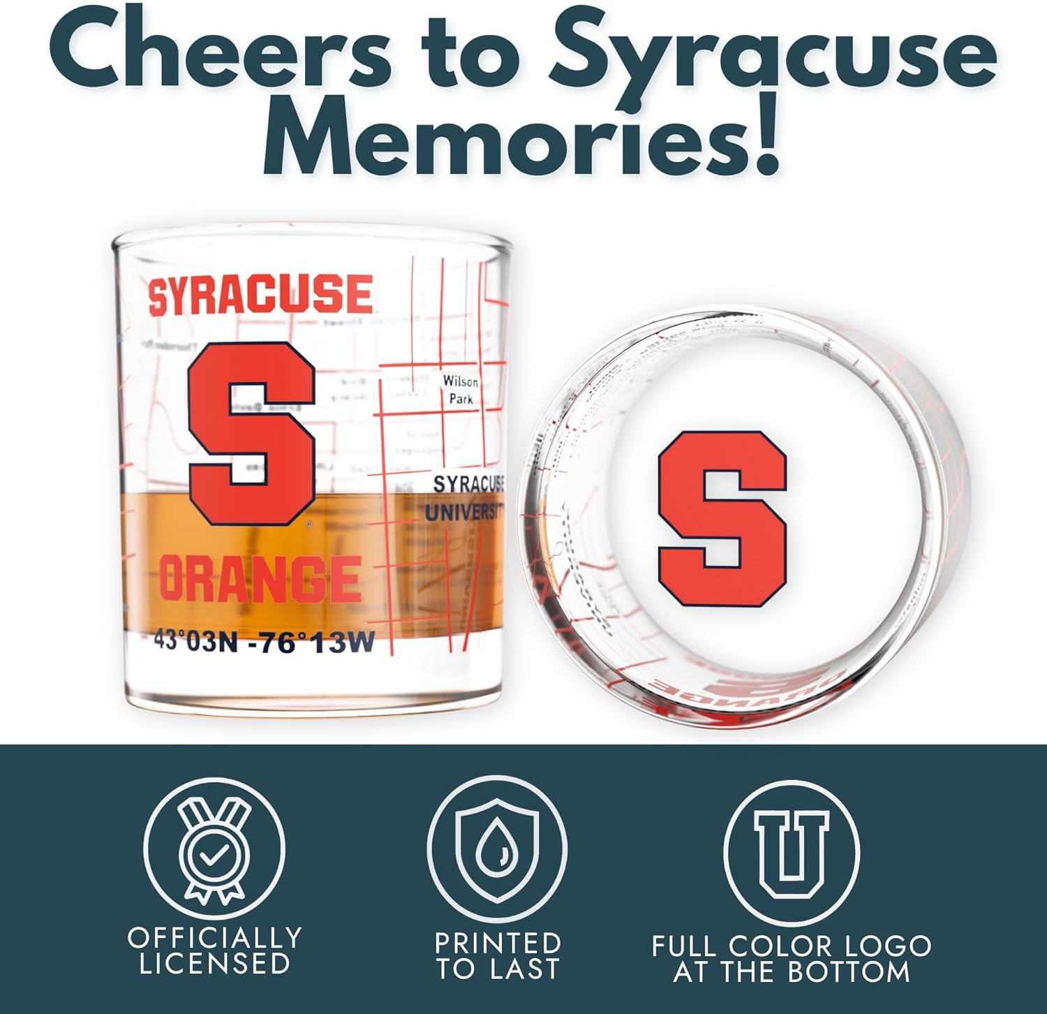 Greenline Goods &ndash; University of Syracuse Orange College Whiskey Glasses (Set of 2), 10 Oz &ndash; Full-Color Logo + Campus Map