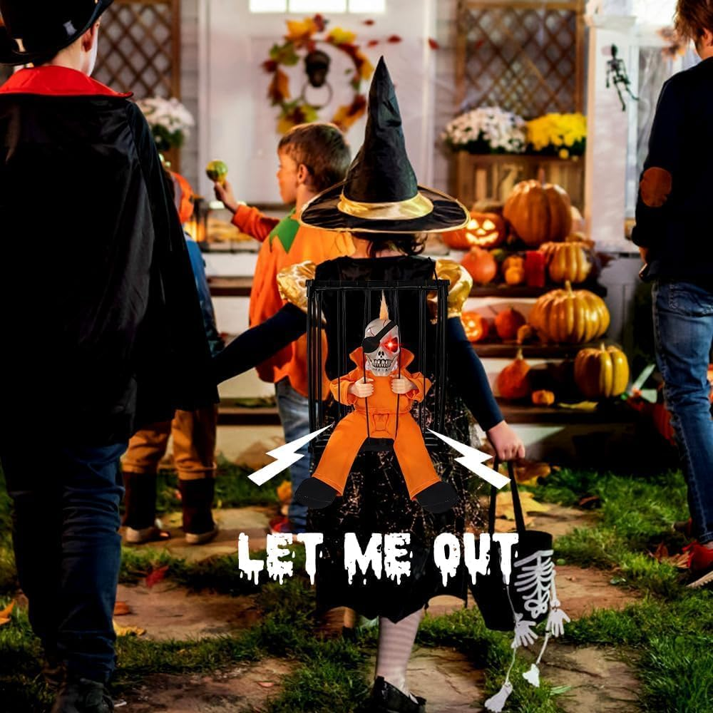 Screaming Animated Halloween Decorations, Halloween Decor Prop with Motion Sensor, Scary Skull Cage Prisoner Haunted House Decor, Spooky Hanging Ghost Eyes Glow Decorations image number 3