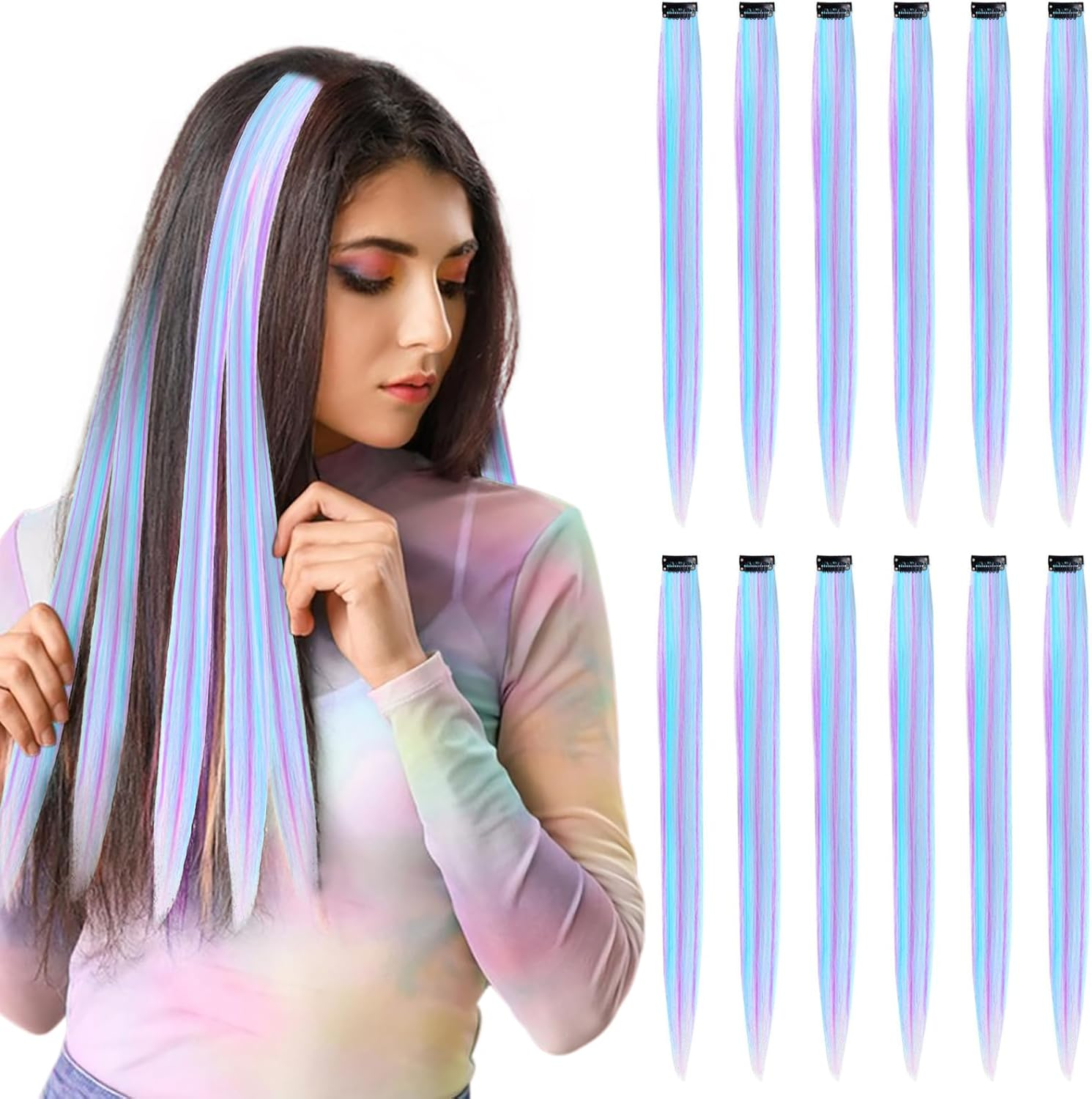 Healife Pack of 12 Clip-In Extensions, Hair Strands for Clip-In, Glitter Hair Bundles, Hairpiece with Clip Hair Extensions for Girls, Coloured Wire Hair Extensions, 9 Inch Clip-In Hair Bundles image number 2