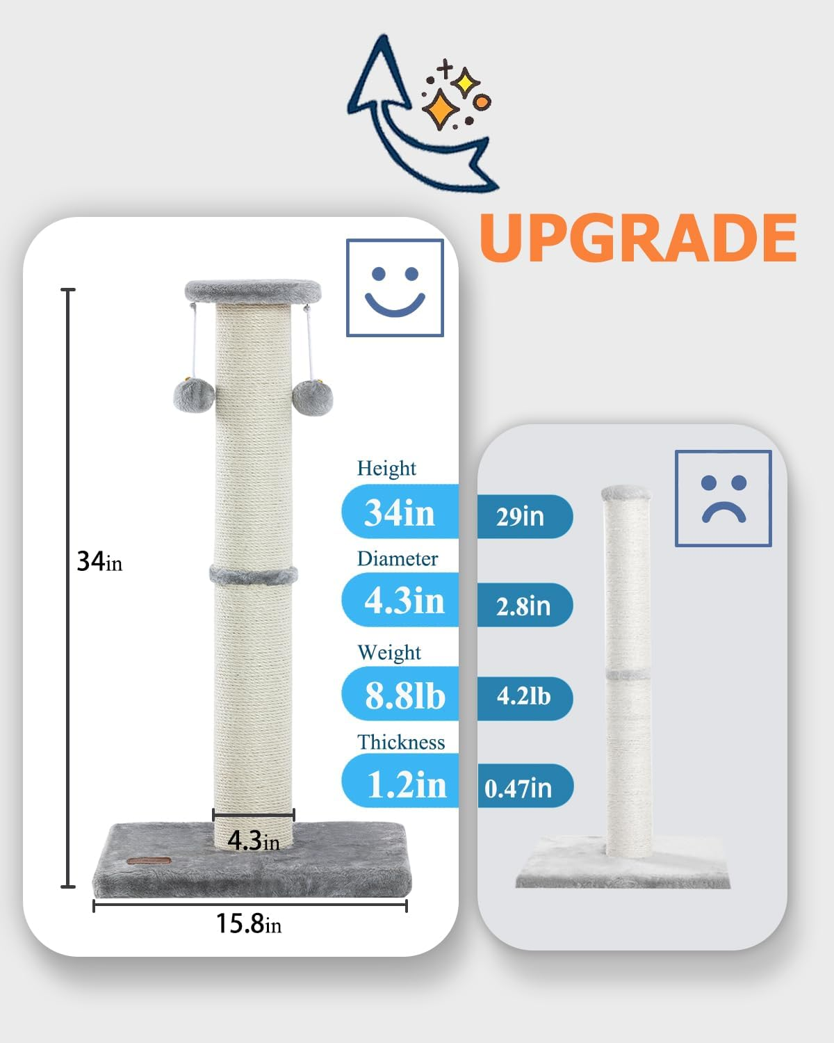 Kilodor 34Inch Tall Cat Scratching Post,4.3Inch Diameter Large Sisal Cat Scratch Post with Ball, Sturdy and Durable Cat Scratcher for Indoor Cats Adults Grey - Black image number 7