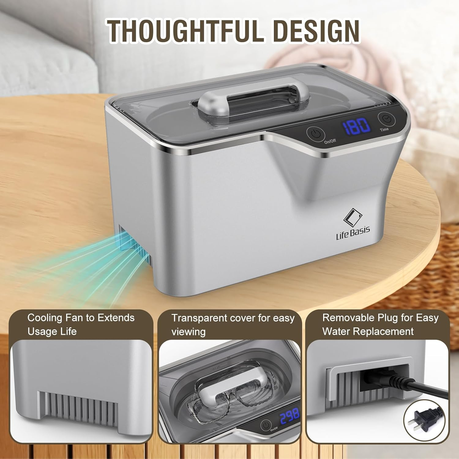 Ultrasonic Jewelry Cleaner 600Ml 42,000 Hz with Digital Timer and Cooling Fan for Cleaning Jewelry Eyeglasses Earrings Rings Necklace Coins Razors Dentures Combs Tools Silver image number 1