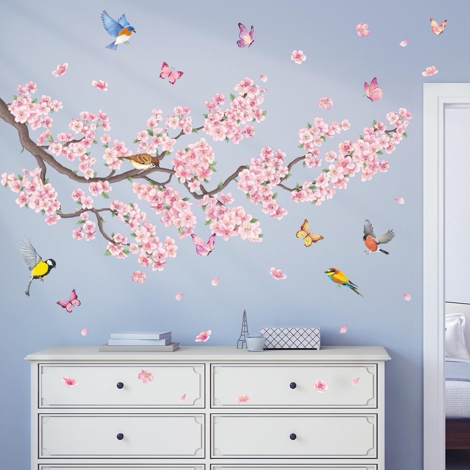 DECOWALL SG2-2427 Pink Flowers and Bird Wall Stickers Cherry Blossom Tree Branch Decals Bedroom Living Room Sofa TV Background Wall D&eacute;cor Murals