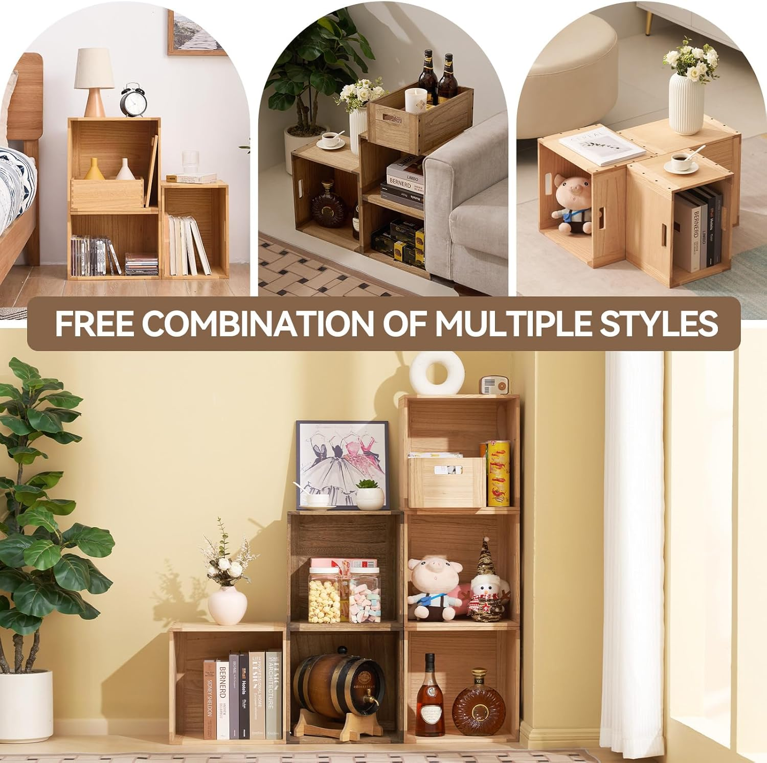 KIRIGEN Stackable Wood Storage Cube /Basket/ Bins Organizer for Home Books Clothes Toy - Modular Open Cubby Storage System - Office Bookcase Closet Shelves C15-DBR image number 6