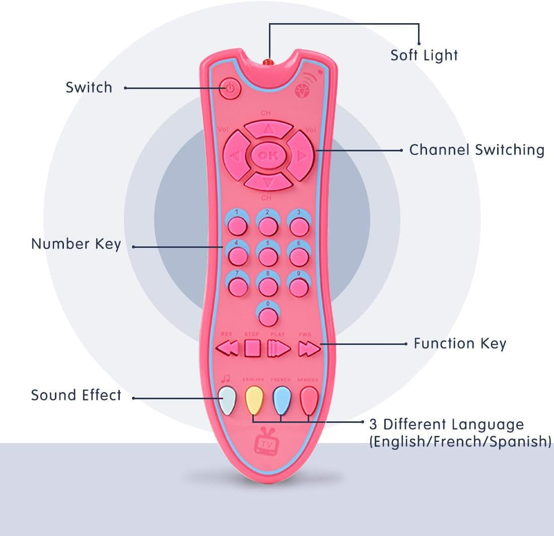 Kids Realistic TV Remote Control Toy with Musical Sound and Soft Light, Early Educational Toy with English Spanish and French 3 Language, Sensory Learning Toys for 6 12 18 Months+ Toddlers (Pink) image number 2