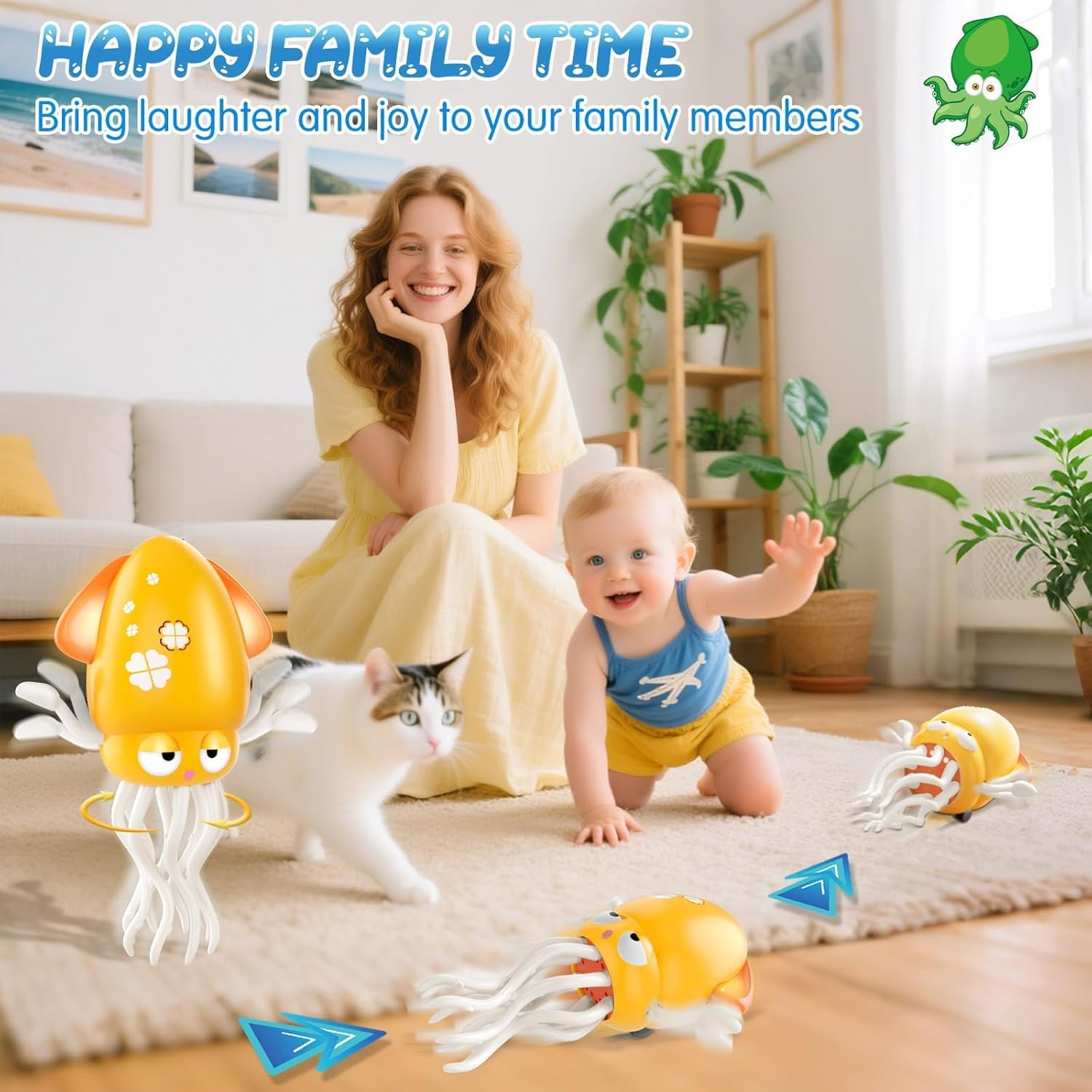 Dancing Octopus Baby Toy, Electric Crawling Octopus Tummy Time Toy, Rechargeable Magic Dancing Music Squid for Kids Boy Girl Birthday Gifts, Funny Squid for Office Desk Decor (Yellow) - Yellow image number 3