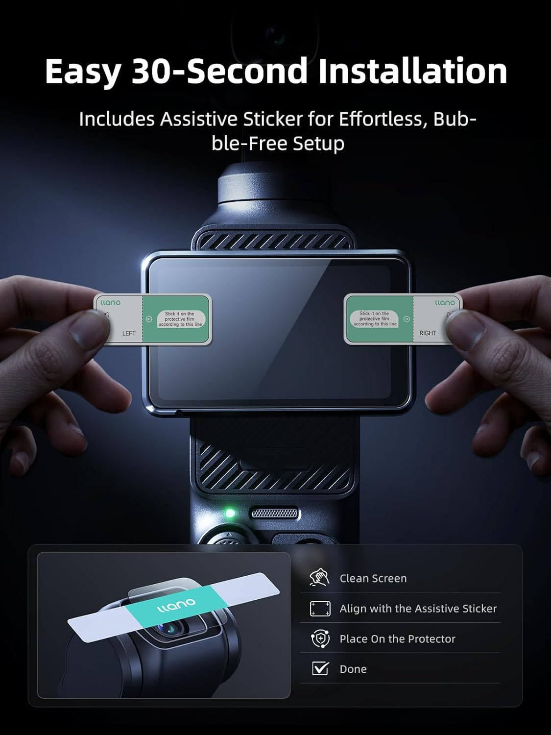 Llano DJI Osmo Pocket 3 Screen Protector, Osmo Pocket 3 Accessories, 9H Tempered Glass, Ultra-Clear, Anti-Scratch, High Touch Sensitivity, Easy Bubble-Free Installation with Alignment Kit &ndash; 2 Pack